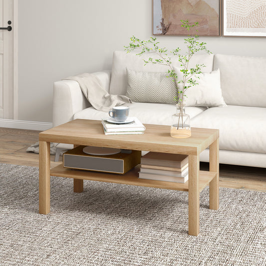 HOMCOM 2 Tier Coffee Table With Storage Shelf Rectangular Centre Table For Living Room And Home Office Wood Finish