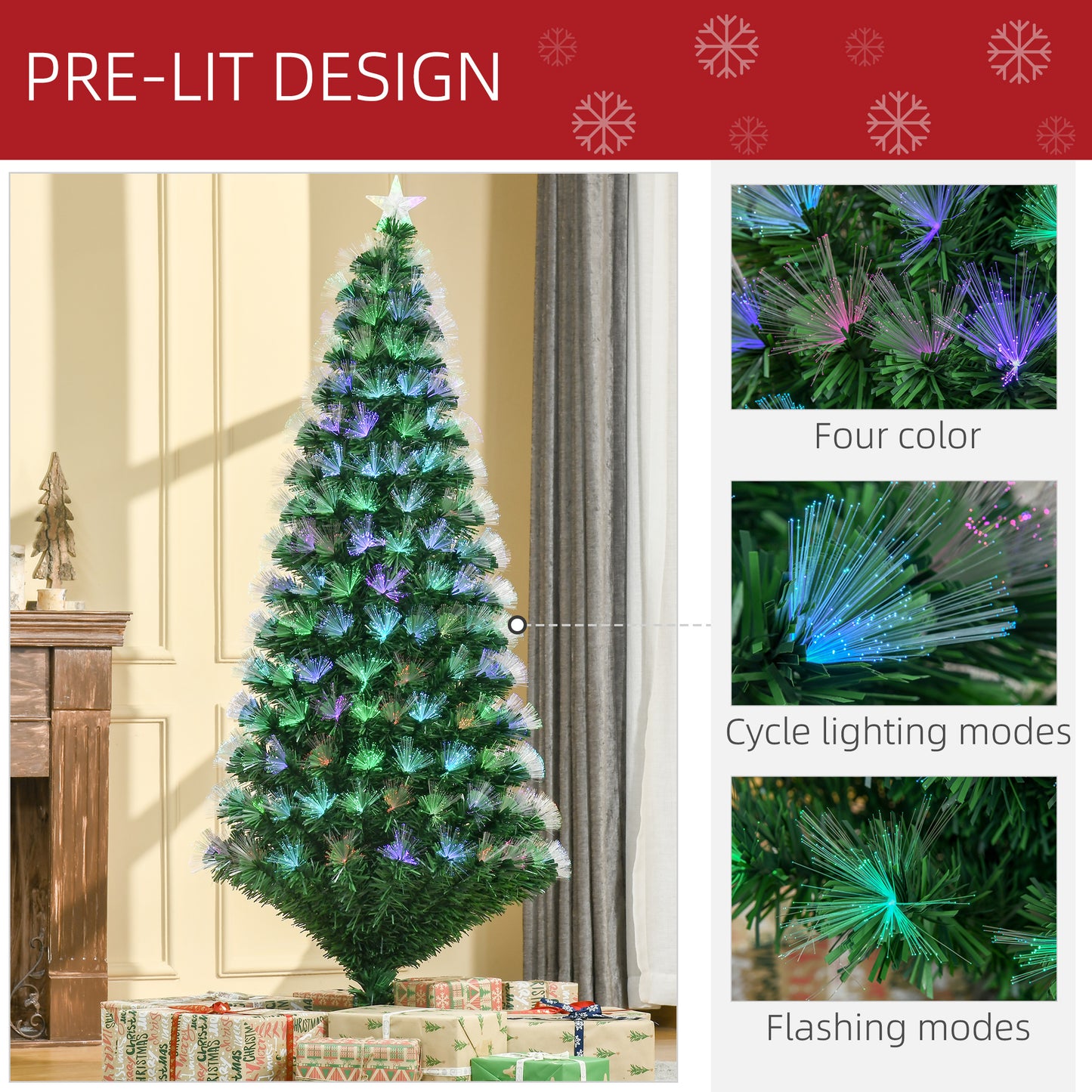 HOMCOM 6ft Colorful LED Pre-Lit Fiber Optic Christmas Tree with Flash Mode - Festive Green Holiday Decor - ALL4U RETAILER LTD