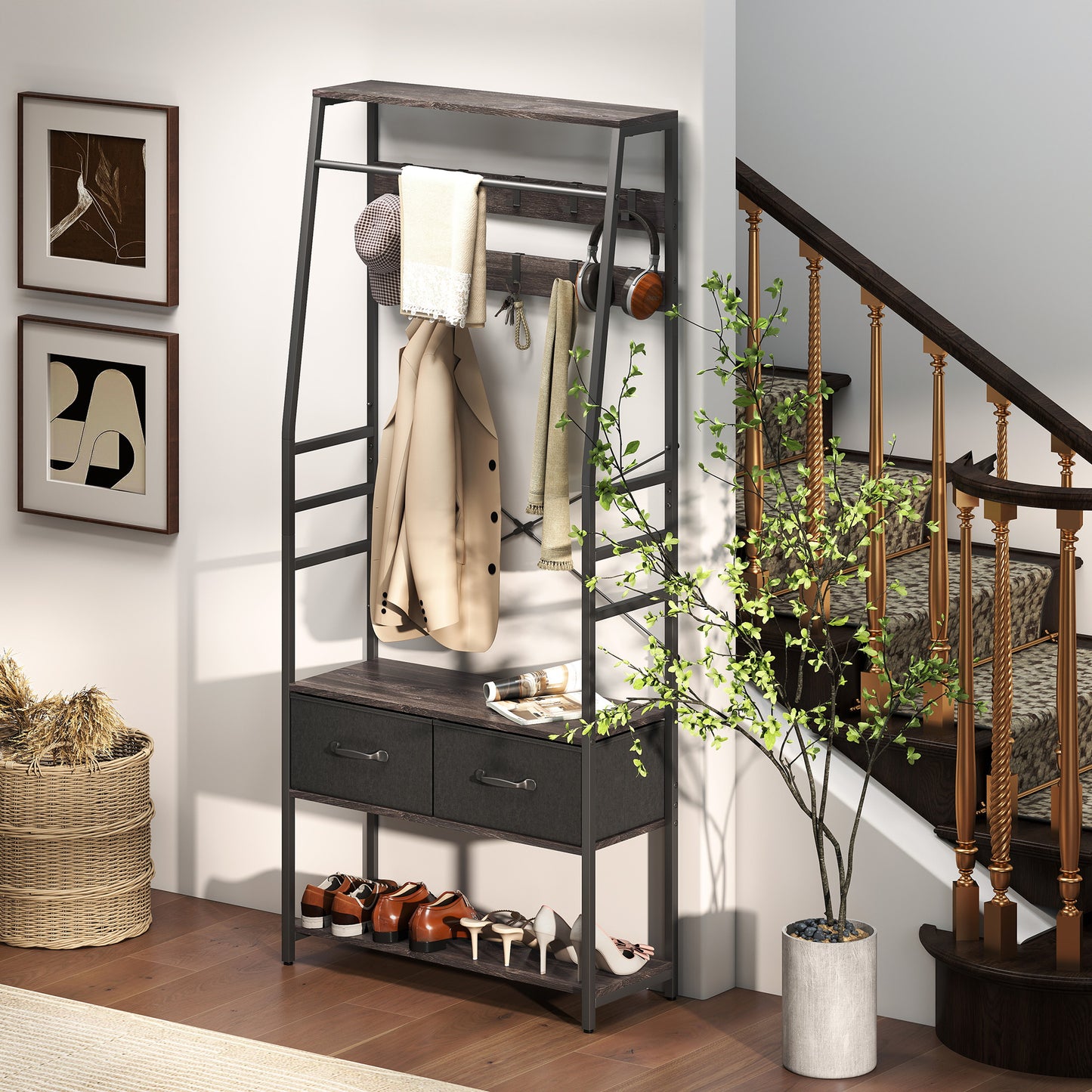 HOMCOM Hall Tree Coat Rack With Shoe Storage And Bench Industrial Organizer 10 Removable Hooks 2 Fabric Drawers Grey