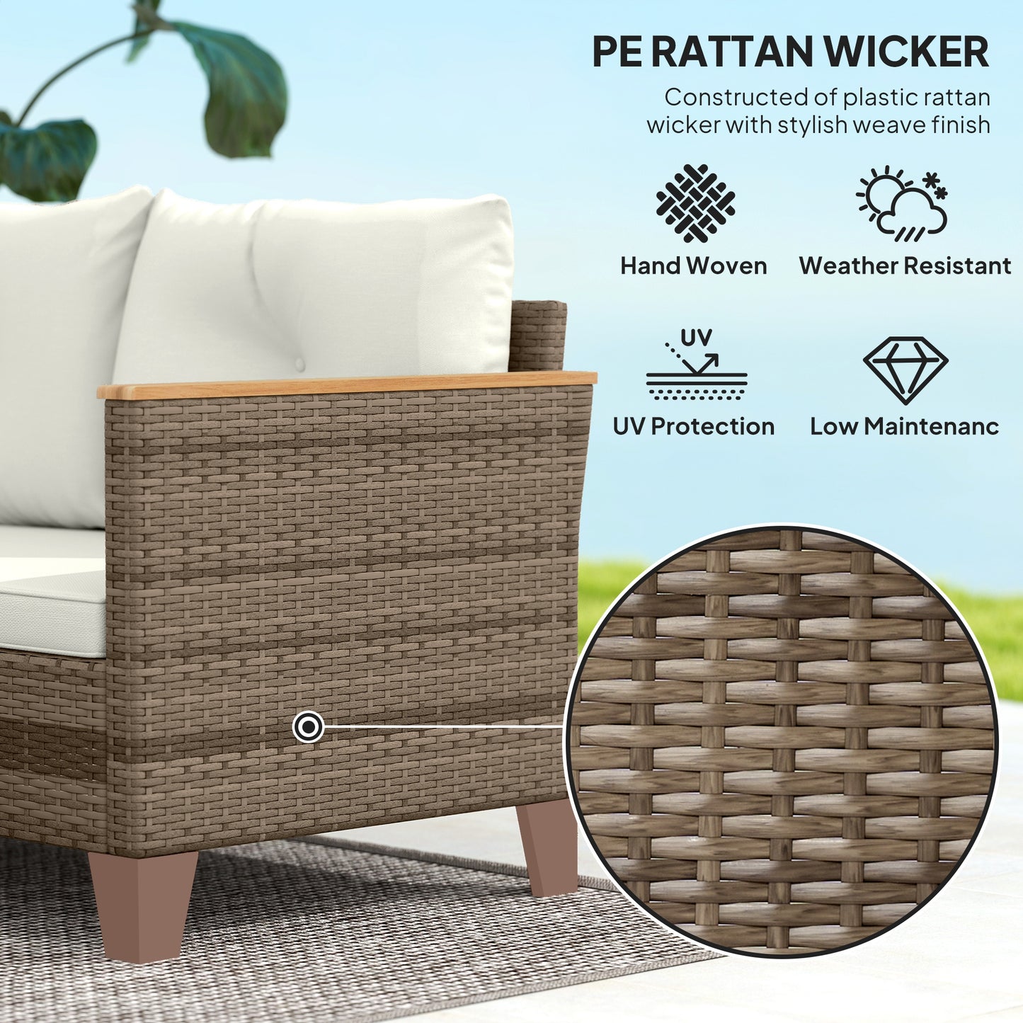 Outsunny 3 Piece Rattan Garden Furniture Set L Conversation Chaise Lounge With Wood Top Coffee Table And Cream Cushions