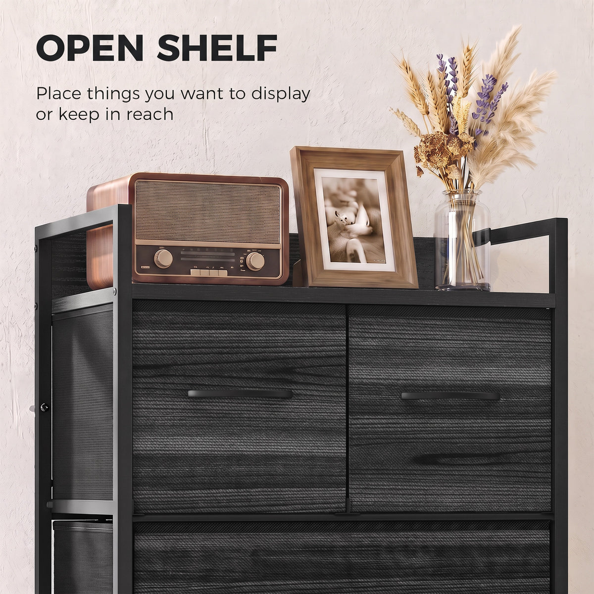 Black wood-effect chest with four fabric drawers and top shelf storage