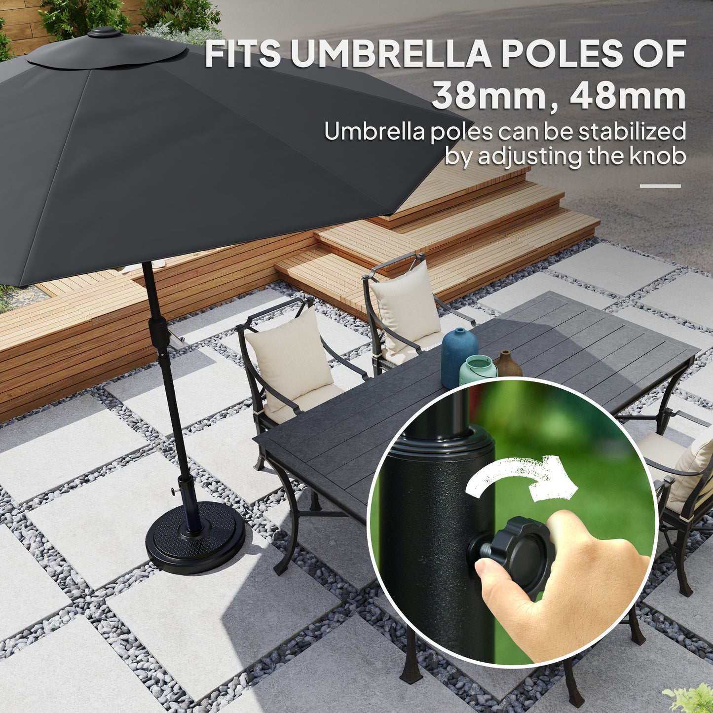 Outsunny 22kg Garden Parasol Base Round HDPE Sun Umbrella Base Heavy Duty For 38mm Or 48mm Poles Black