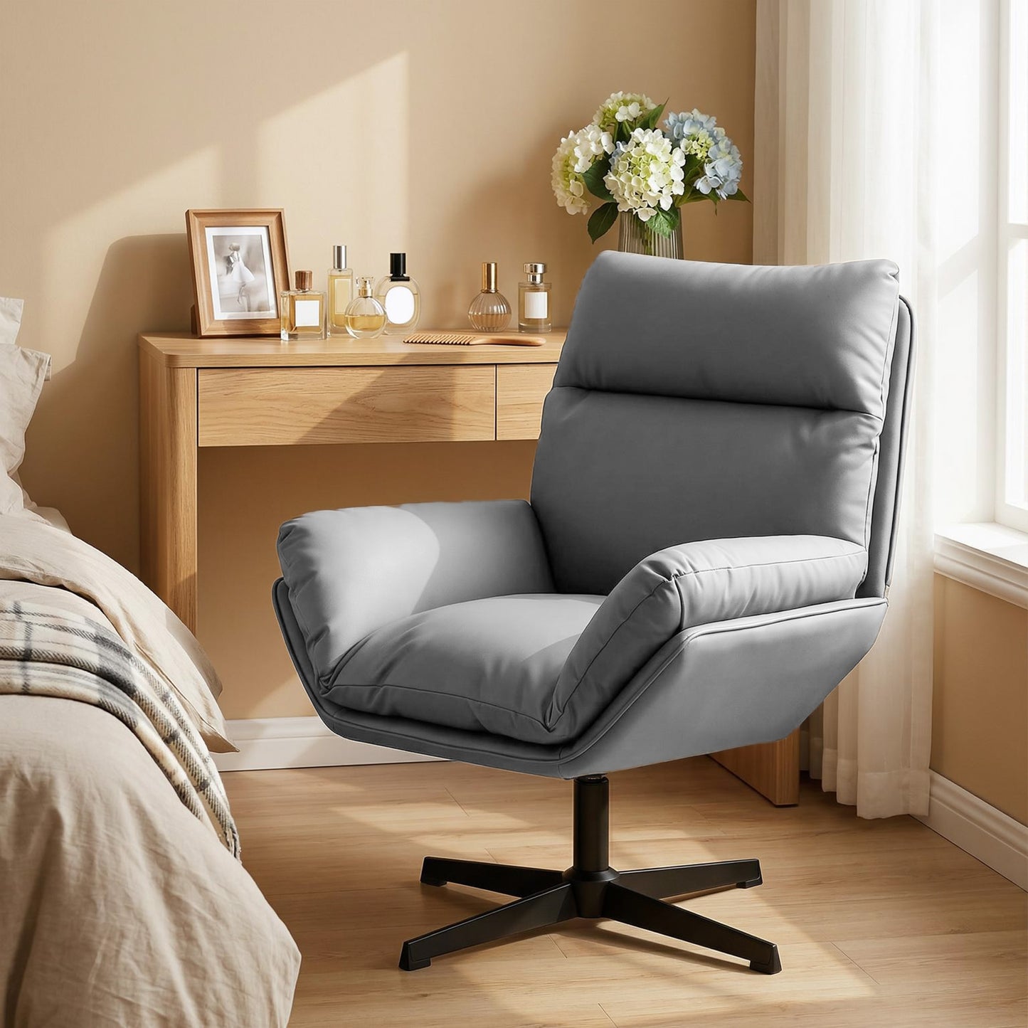HOMCOM Accent Chair With 360 Degree Swivel Armchair For Living Room Dark Grey Cat Scratch Resistant Fabric