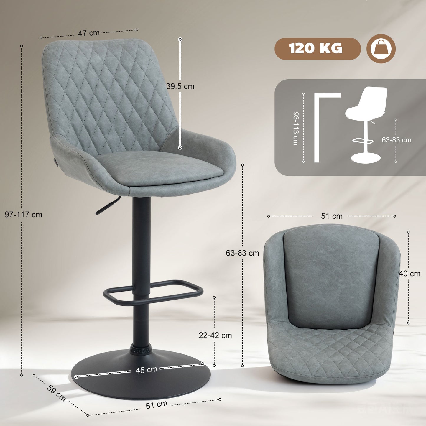 HOMCOM Set Of Two Faux Leather Retro Bar Stools Light Grey Adjustable Height Padded Back