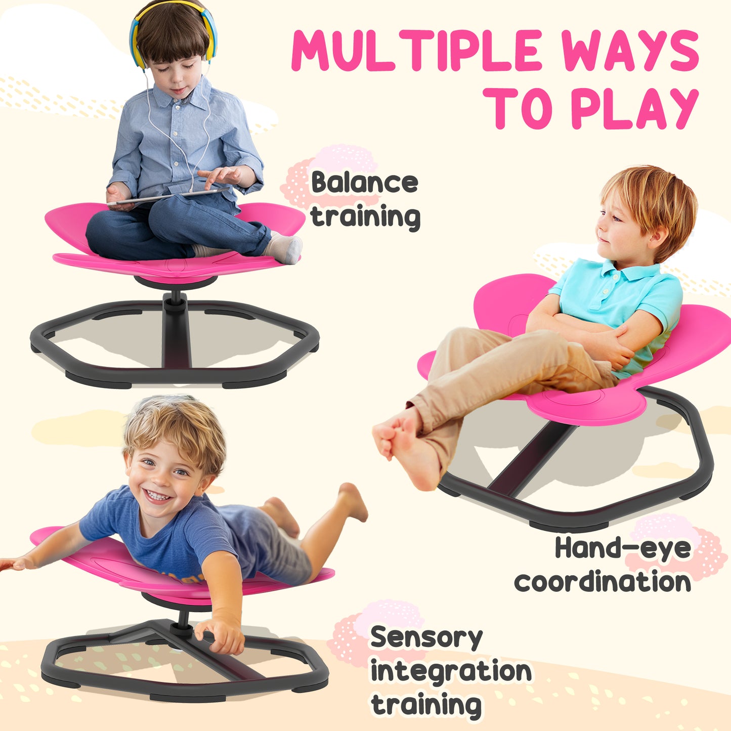 AIYAPLAY Butterfly-Shaped Kids Swivel Chair For Sensory Spinning Balance And Coordination Training Pink