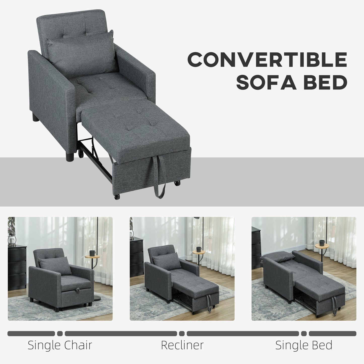 HOMCOM 3-In-1 Convertible Sleeper Chair Bed With Adjustable Backrest Pillow And Footrest For Living Room Dark Grey