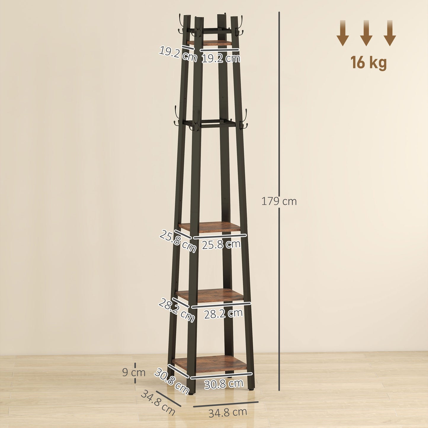 HOMCOM Industrial Style Four Shelf Coat Stand with Eight Hooks for Entryway Organization Brown and Black