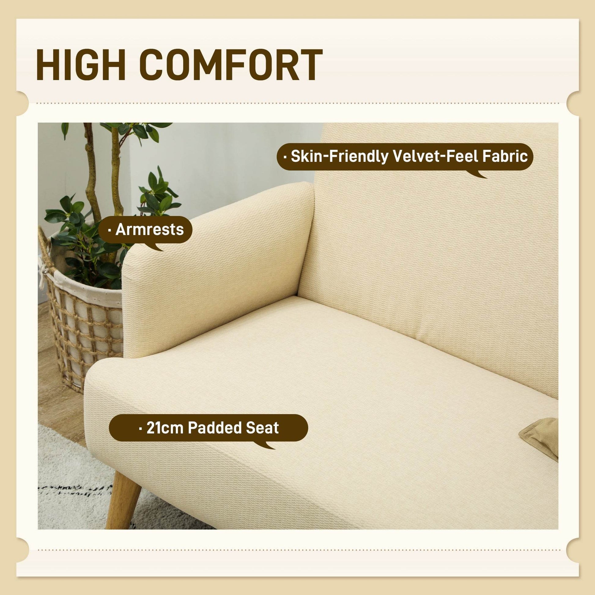 Cream White Velvet Comfort 2-Seater Loveseat with Thick Padding and Sturdy Wood Legs - ALL4U RETAILER LTD