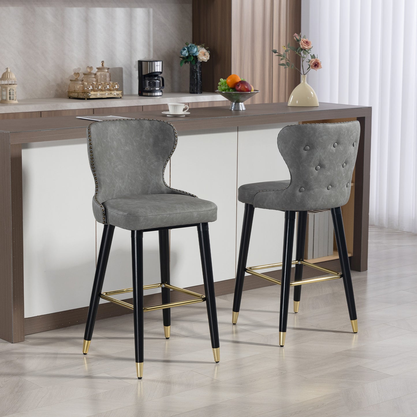 HOMCOM Bar Stools Set Of 2 PU Leather With Backrest Footrest And Wood Legs For Kitchen Counter Grey