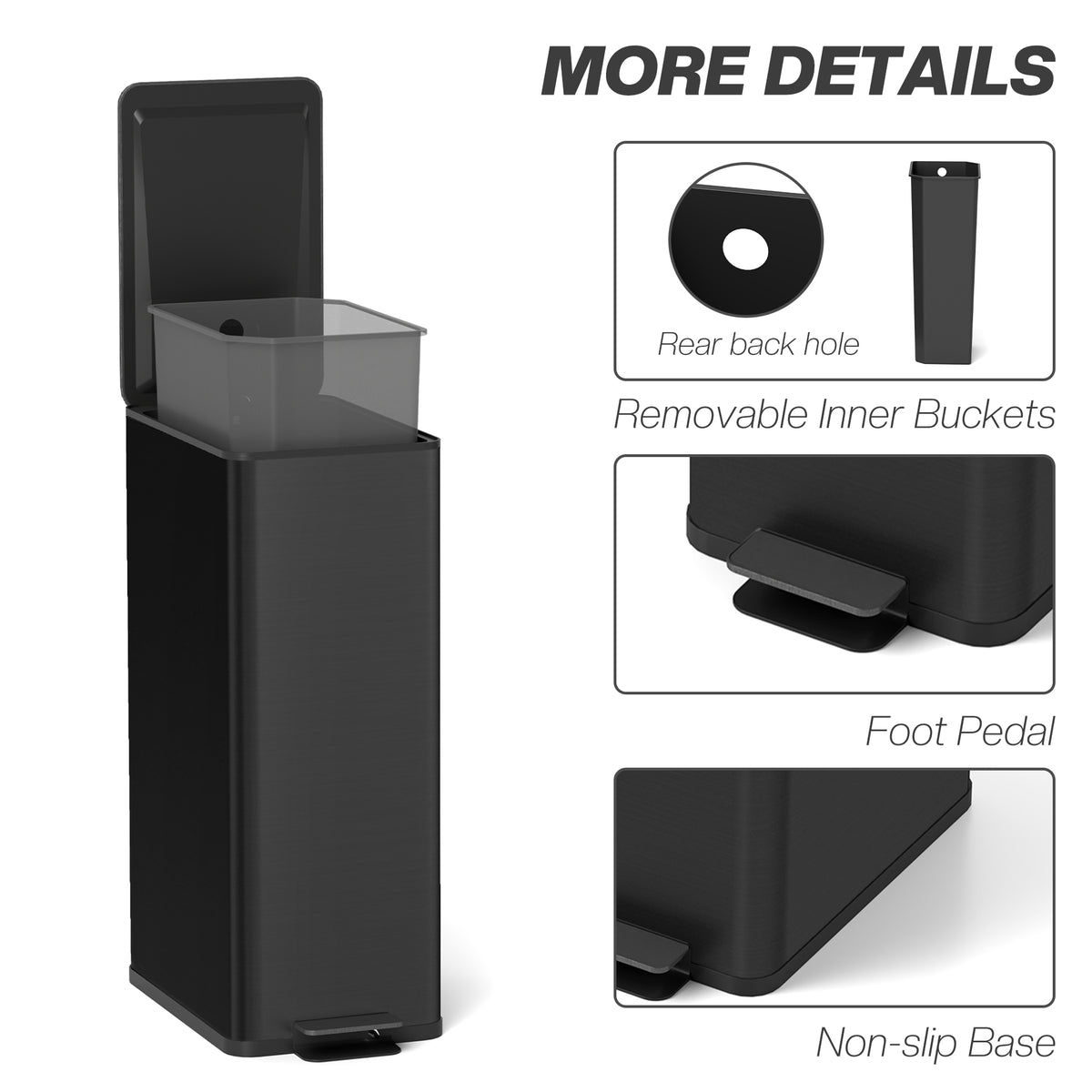 Black pedal trash can with removable inner bucket and rear back hole detail shown.