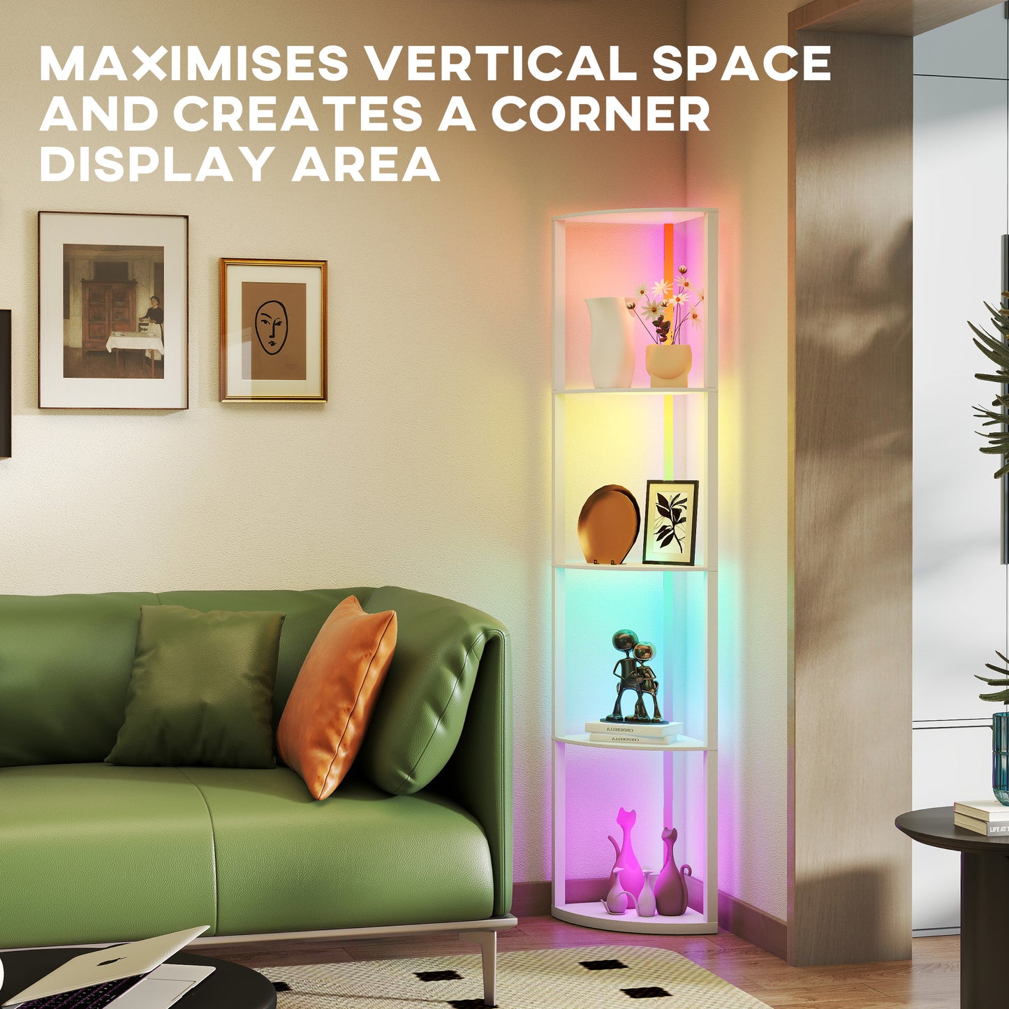 HOMCOM RGB LED Floor Lamp With Shelves 5 Tier Corner Display Shelf Unit For Living Room Bedroom Office White