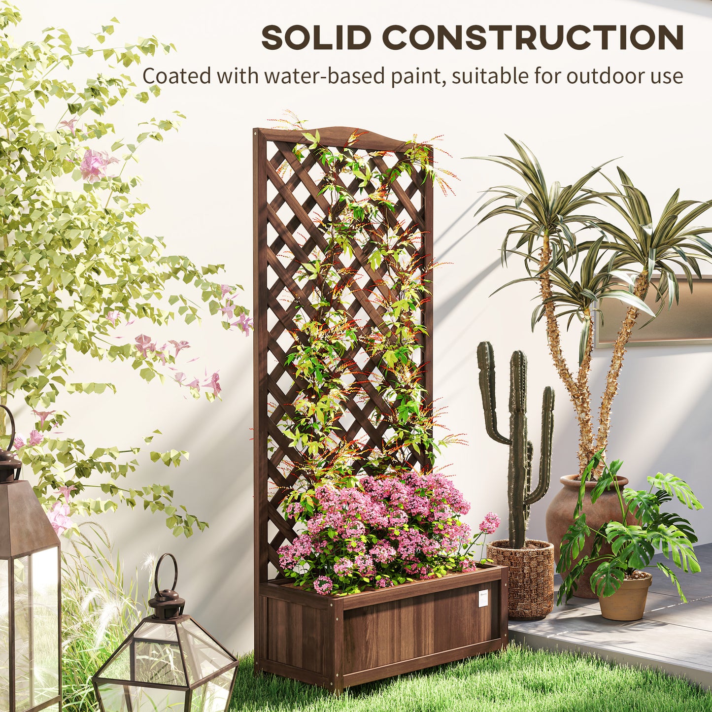 Outsunny Wooden Planter With Trellis Freestanding Raised Bed Planter For Climbing Plants 76x36x170 Cm Dark Brown