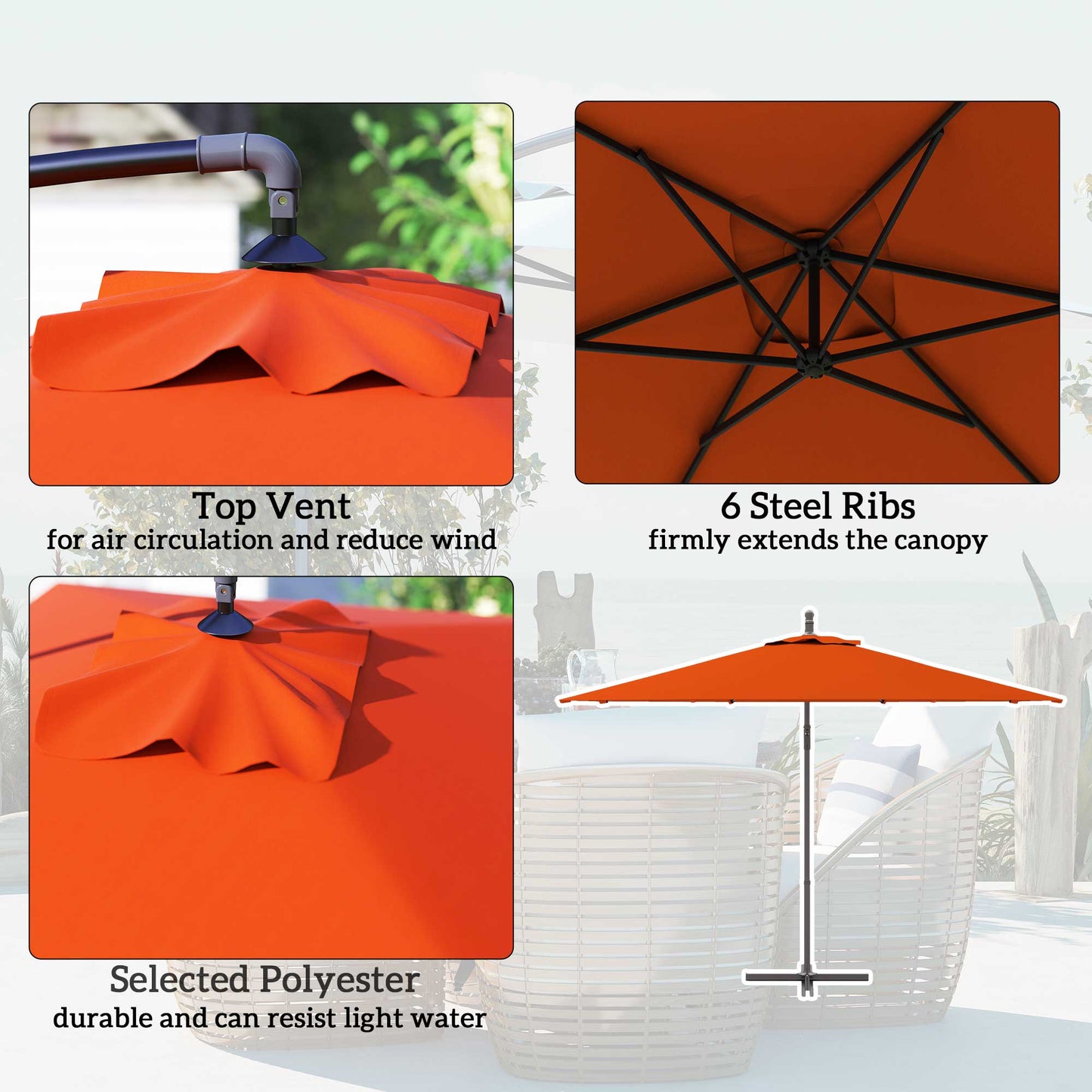 Outsunny 3m Cantilever Parasol With Cross Base Orange for Patio Outdoor Shade and Sun Protection