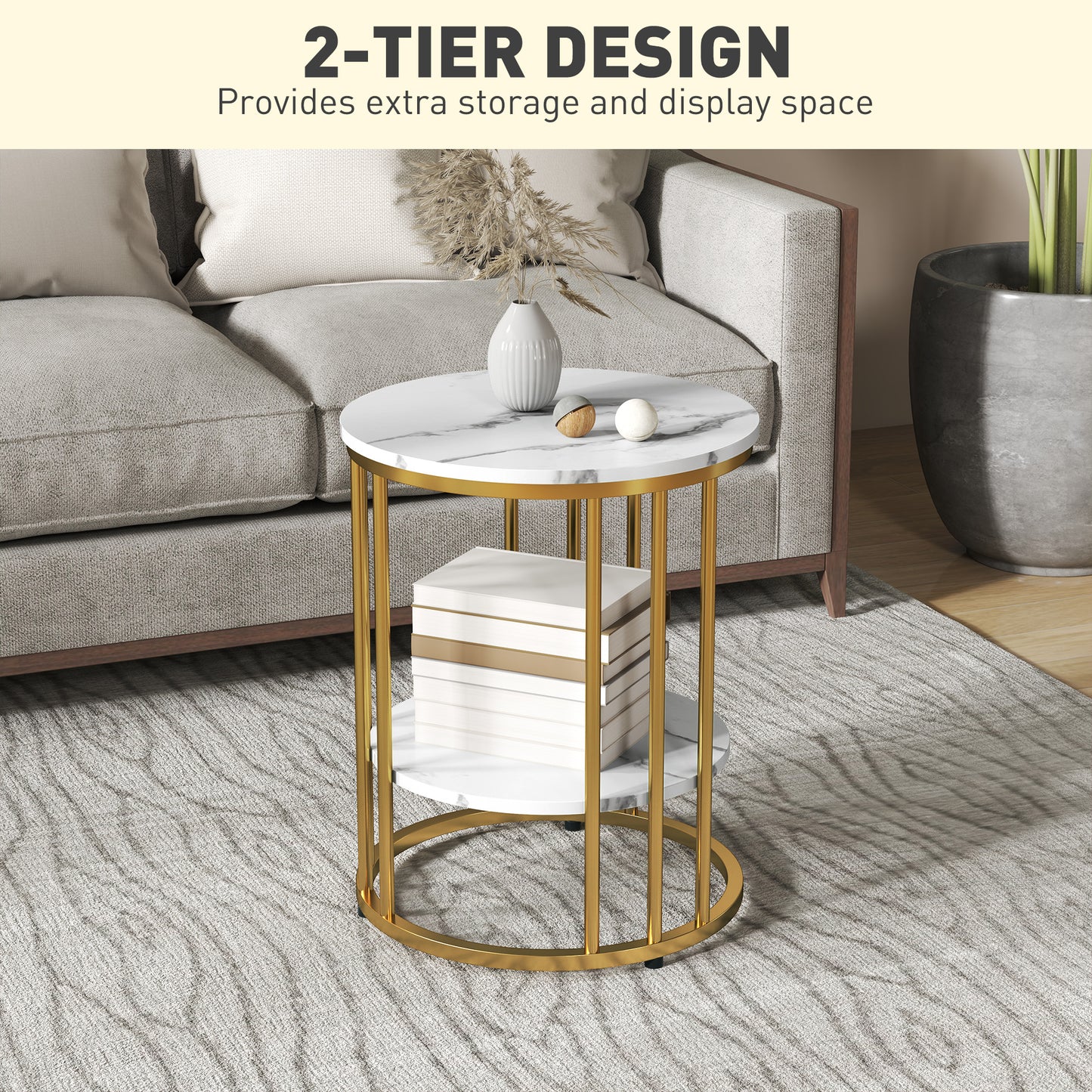 HOMCOM Marble Effect Coffee Table Set White And Gold Tone Two Piece With Two Tier Design