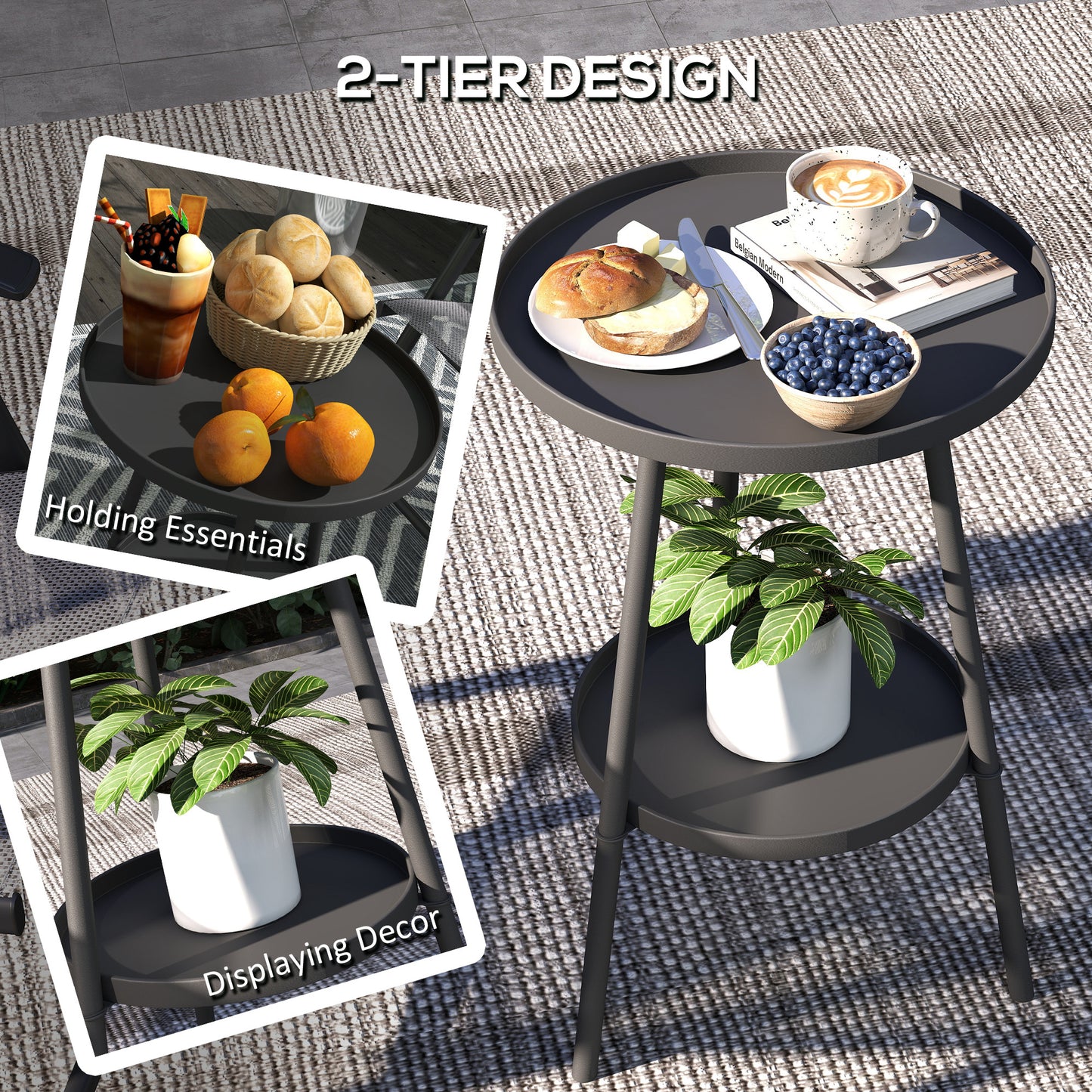 Outsunny Two Tier Round Metal Garden Table Outdoor Indoor Weather Resistant Black Finish