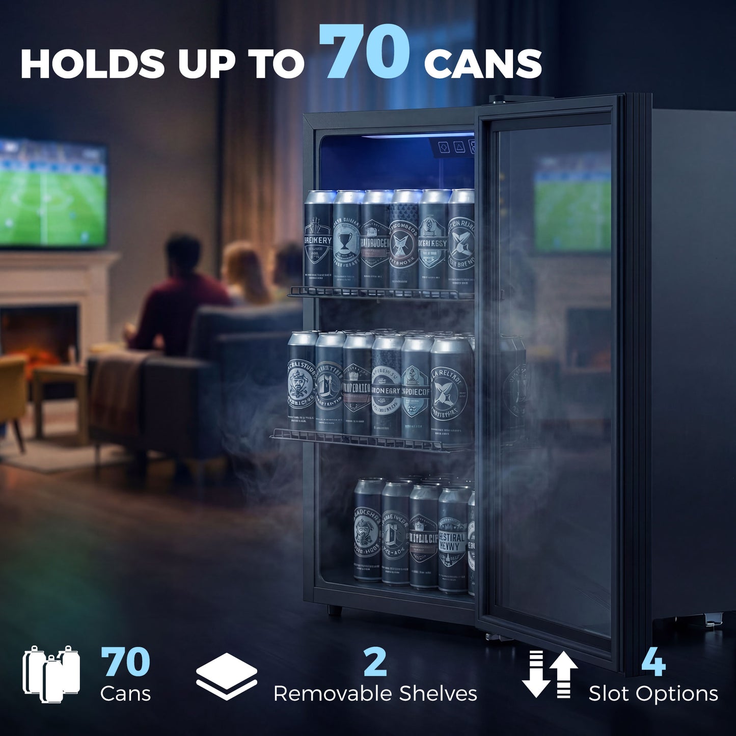 HOMCOM 70L Under Counter Drinks Fridge With LED Light Freestanding Beer Cooler For 70 Cans Or 21 Bottles