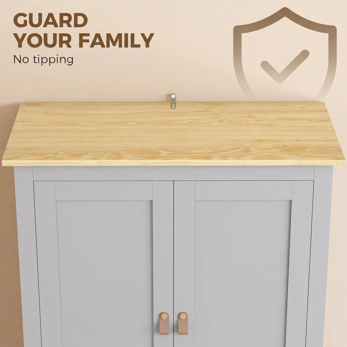 Grey pantry cupboard top with light wood shelf edge and two bronze-toned handles
