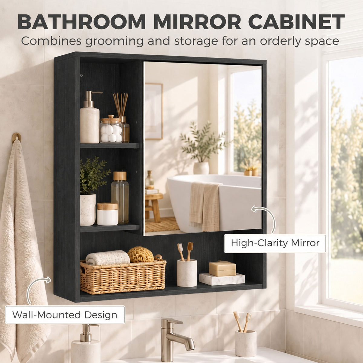 Black bathroom mirror cabinet with open shelves and high-clarity mirror door