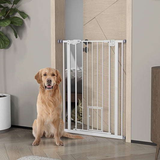 PawHut Extra Tall Indoor Pet Barrier with Cat Access, Automatic Close Feature, Fits 74-80cm Wide - White - ALL4U RETAILER LTD