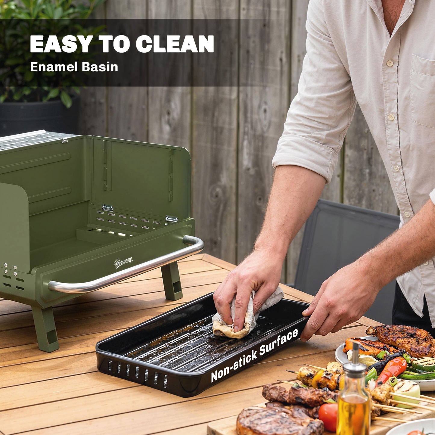 Outsunny Portable Charcoal BBQ Grill with Adjustable Grates, Foldable Legs, Side Shelf for Camping Travel Green