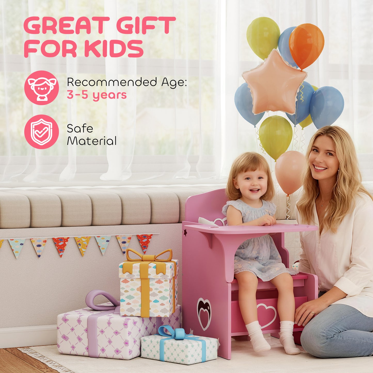 AIYAPLAY Kids Table and Chair Set With Storage Bins For Ages Three To Five Pink