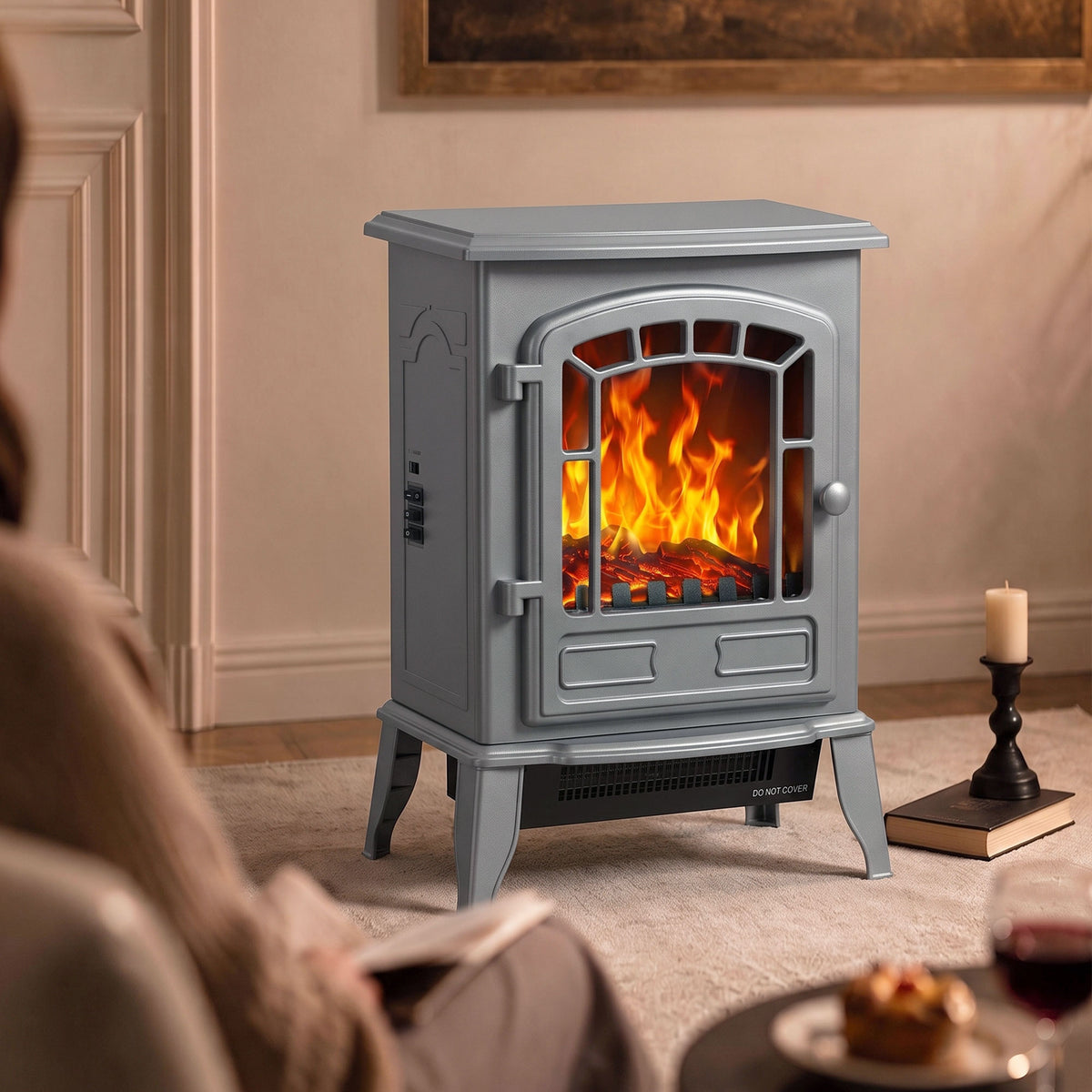 Homcom Freestanding Electric Fireplace Heater With Led Flame Effect Grey
