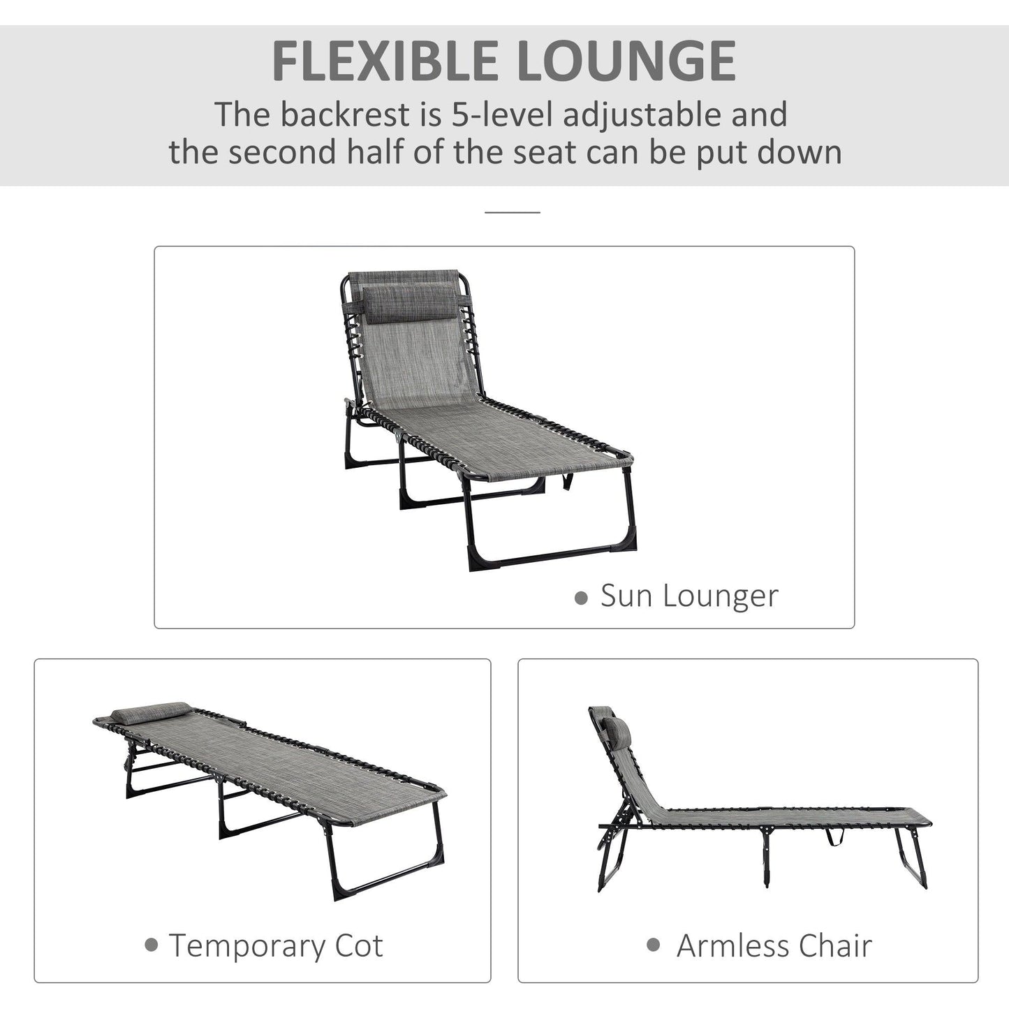 Outsunny Portable Sun Lounger, Camping Bed Cot, Reclining Chair with Pillow - Mixed Grey - ALL4U RETAILER LTD