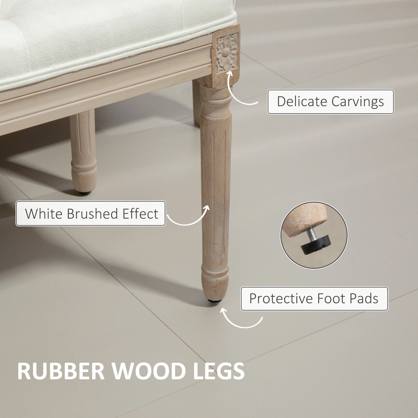 HOMCOM Vintage French Look Bed End Bench Cream White Padded Top Upholstered Wooden Frame With Elegant Carvings