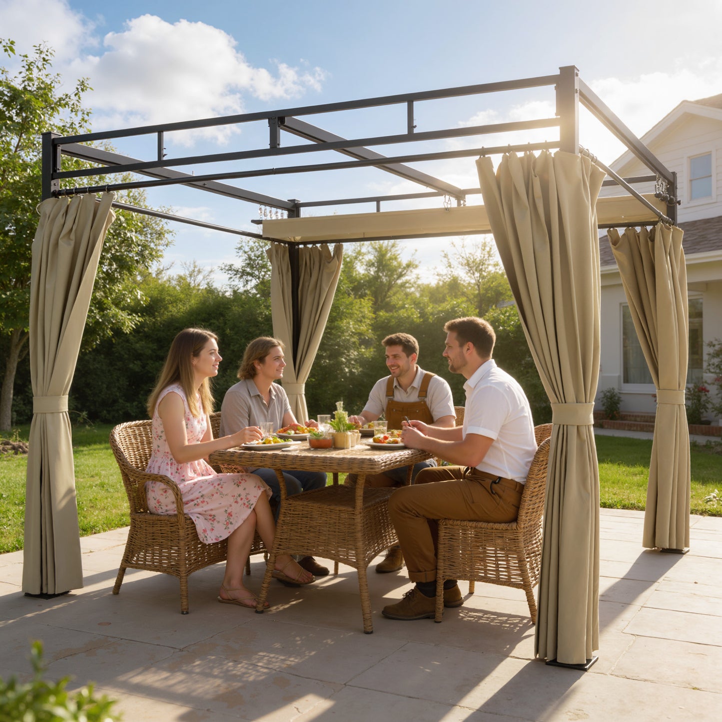 Outsunny 3x3 m Pergola with Retractable Roof Canopy and Curtains UPF30+ Metal Frame Garden Gazebo Sun Shade Khaki