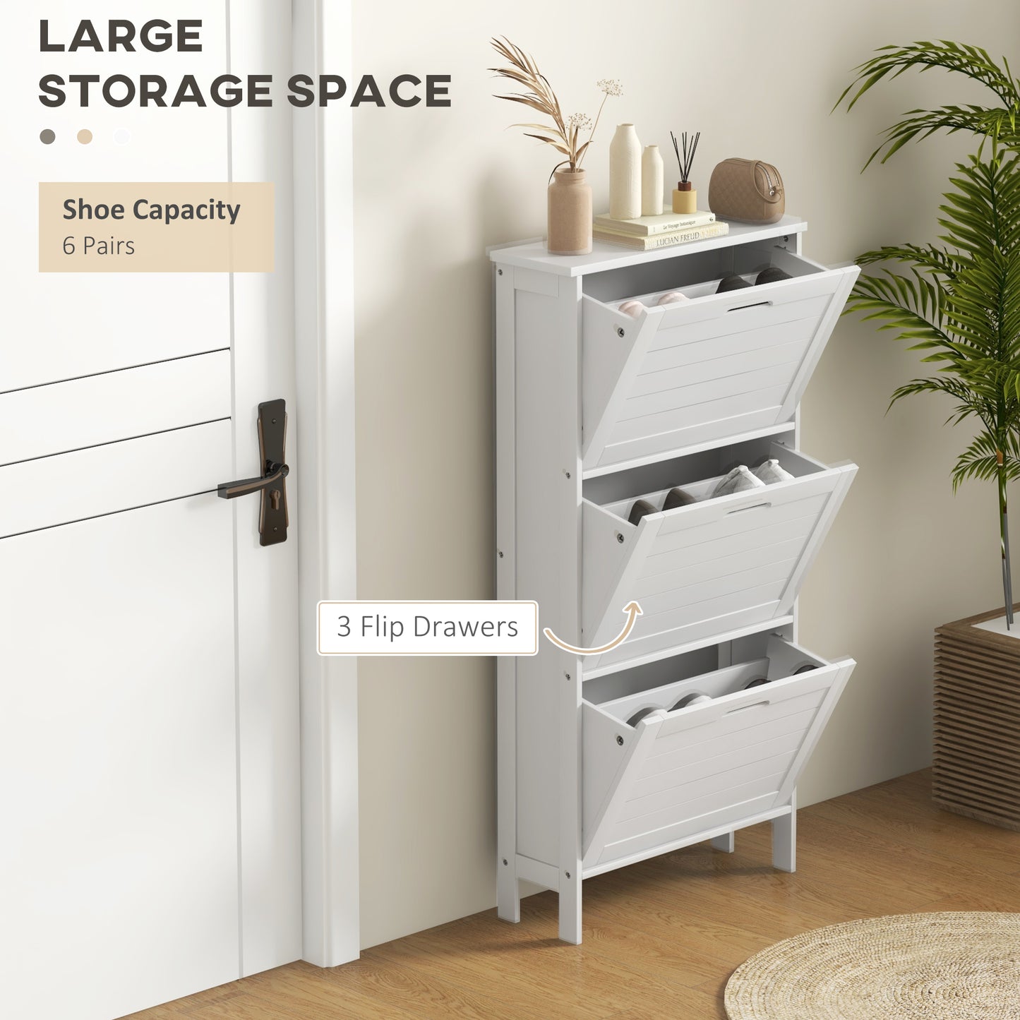 HOMCOM Narrow Shoe Cabinet With Three Flip Doors For Hallways White Storage Organizer
