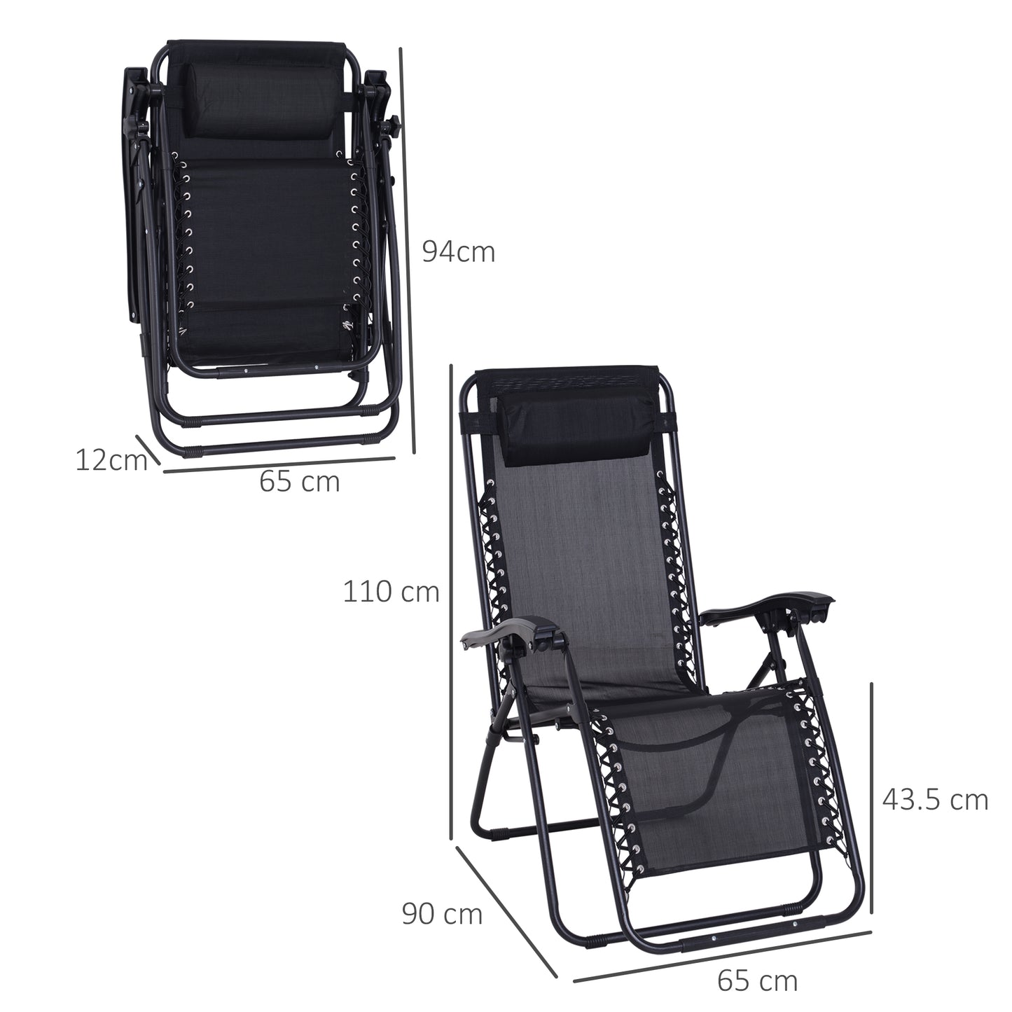 Outsunny Zero Gravity Chair Set of 2 with Metal Frame Texteline Chairs Folding and Reclining Loungers Head Pillow Black