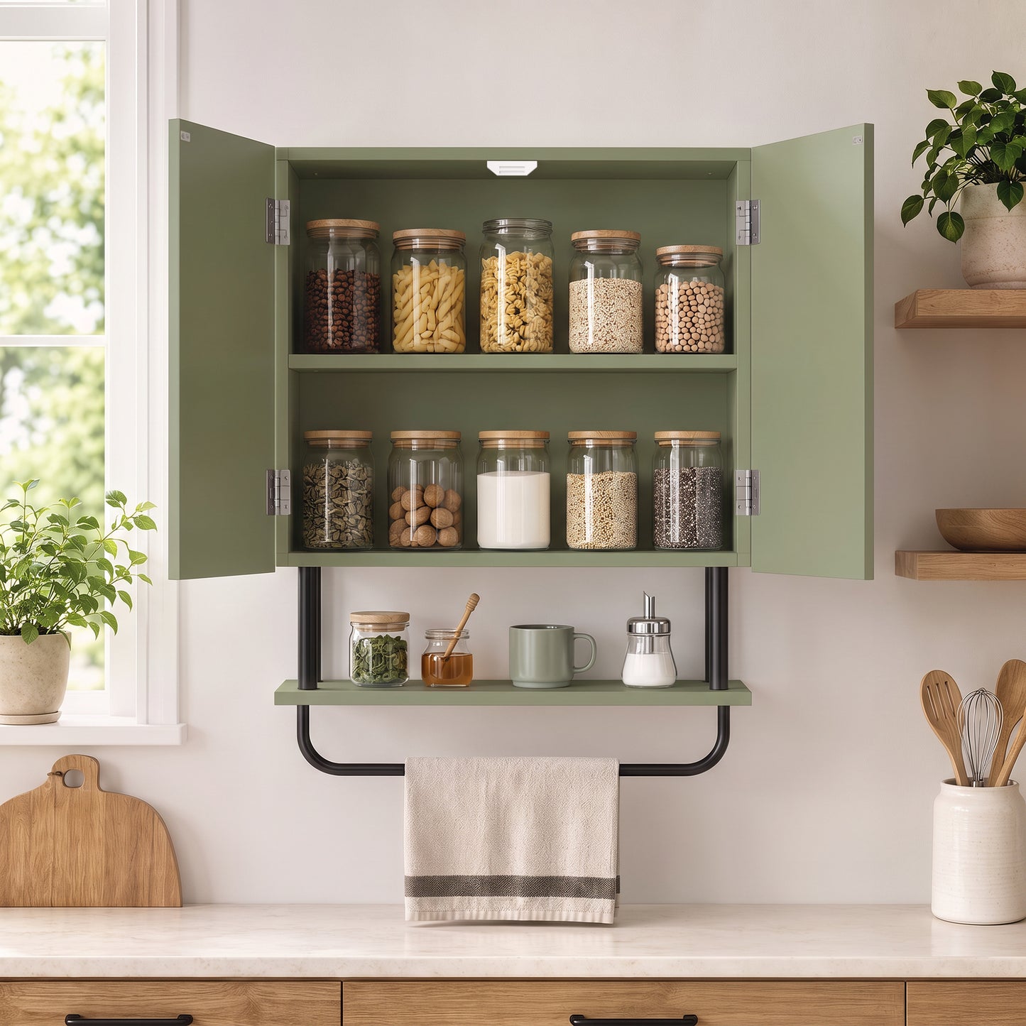 Homcom Bathroom Wall Cabinet With Storage Shelf And Towel Bar Green