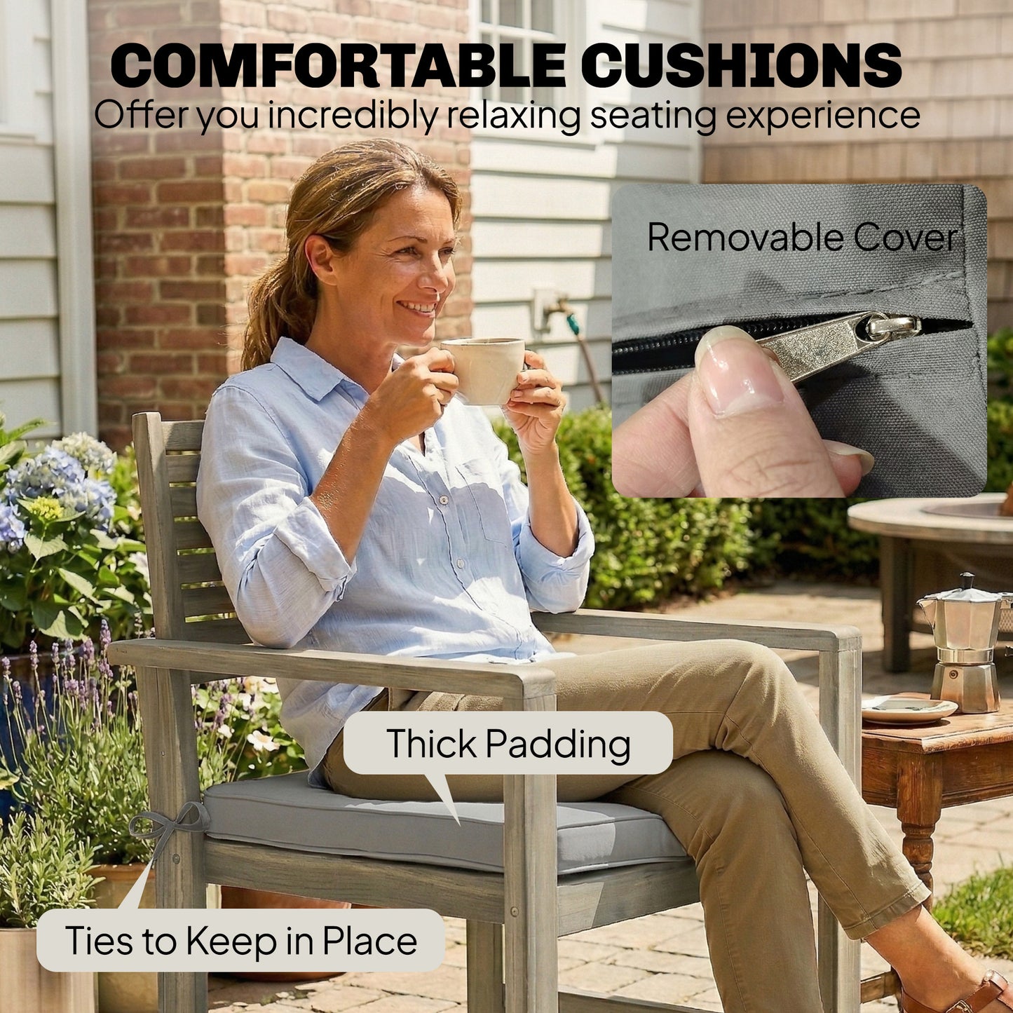 Outsunny 4 Piece Outdoor Wooden Garden Furniture Set Acacia Wood Loveseat Armchairs Table Light Grey Cushions