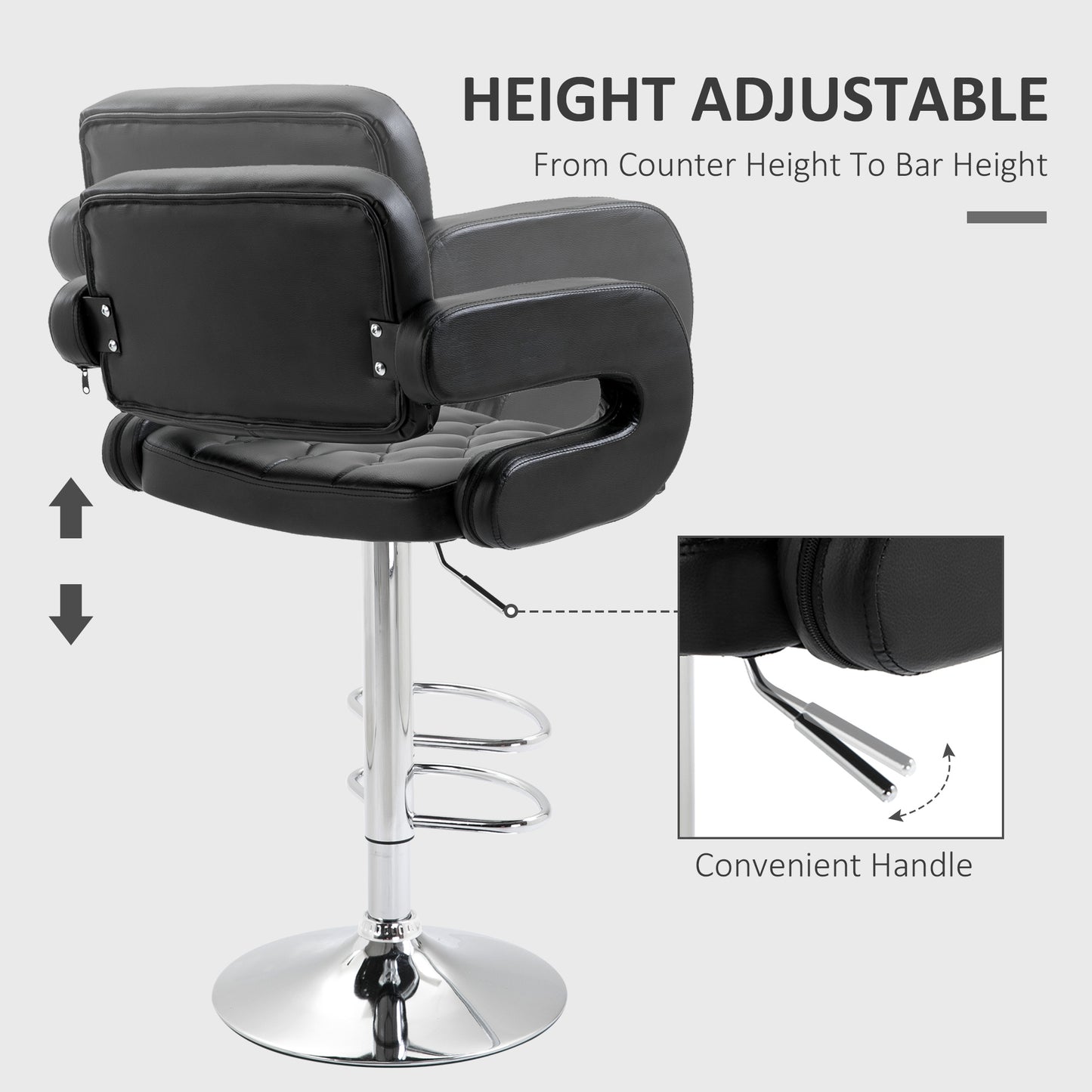 Set Of 2 PU Leather Upholstered Swivel Bar Stools Height Adjustable With Back Armrests And Footrests For Kitchen