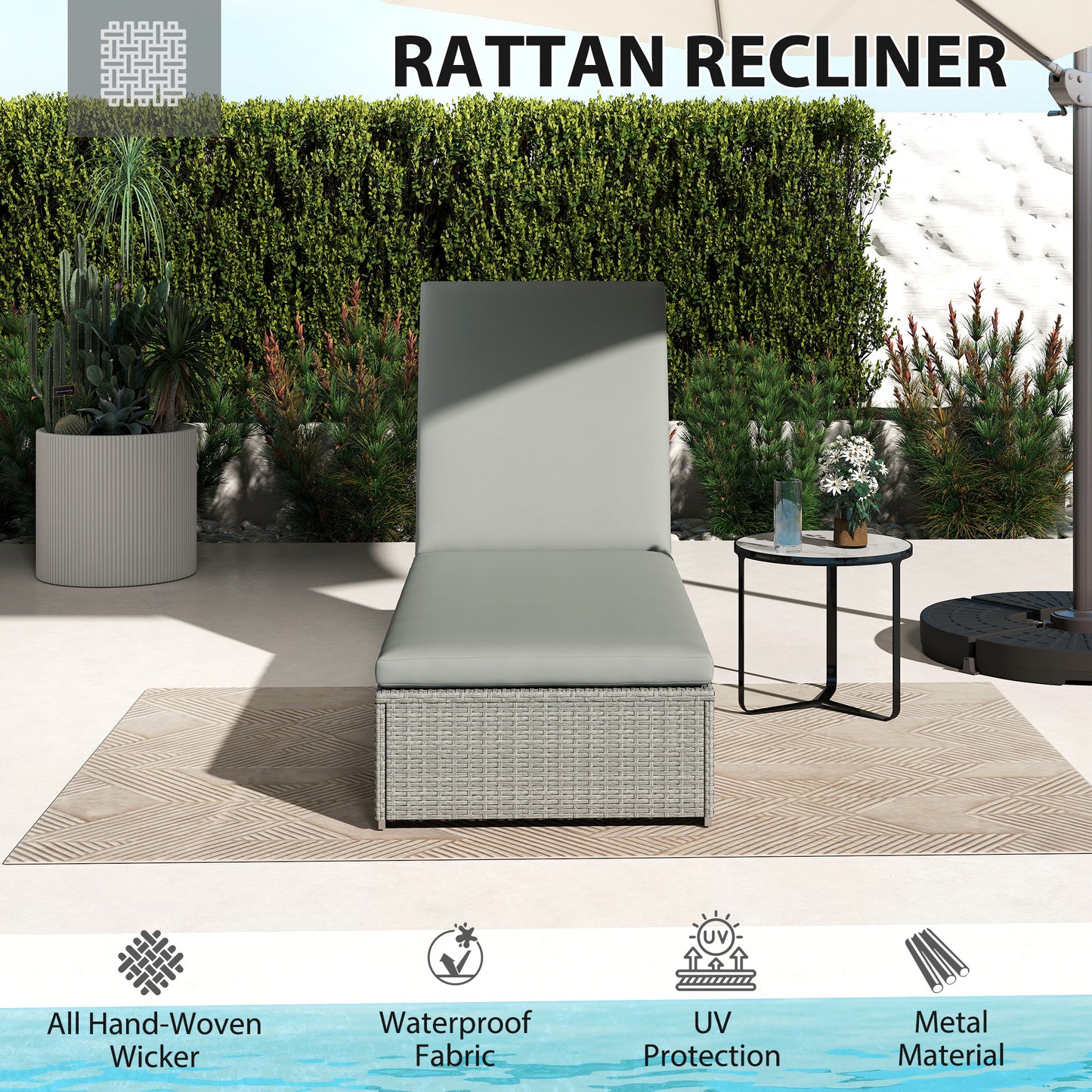 Outsunny Rattan Sun Lounger Five Position Reclining Garden Lounger With Cushion Light Grey