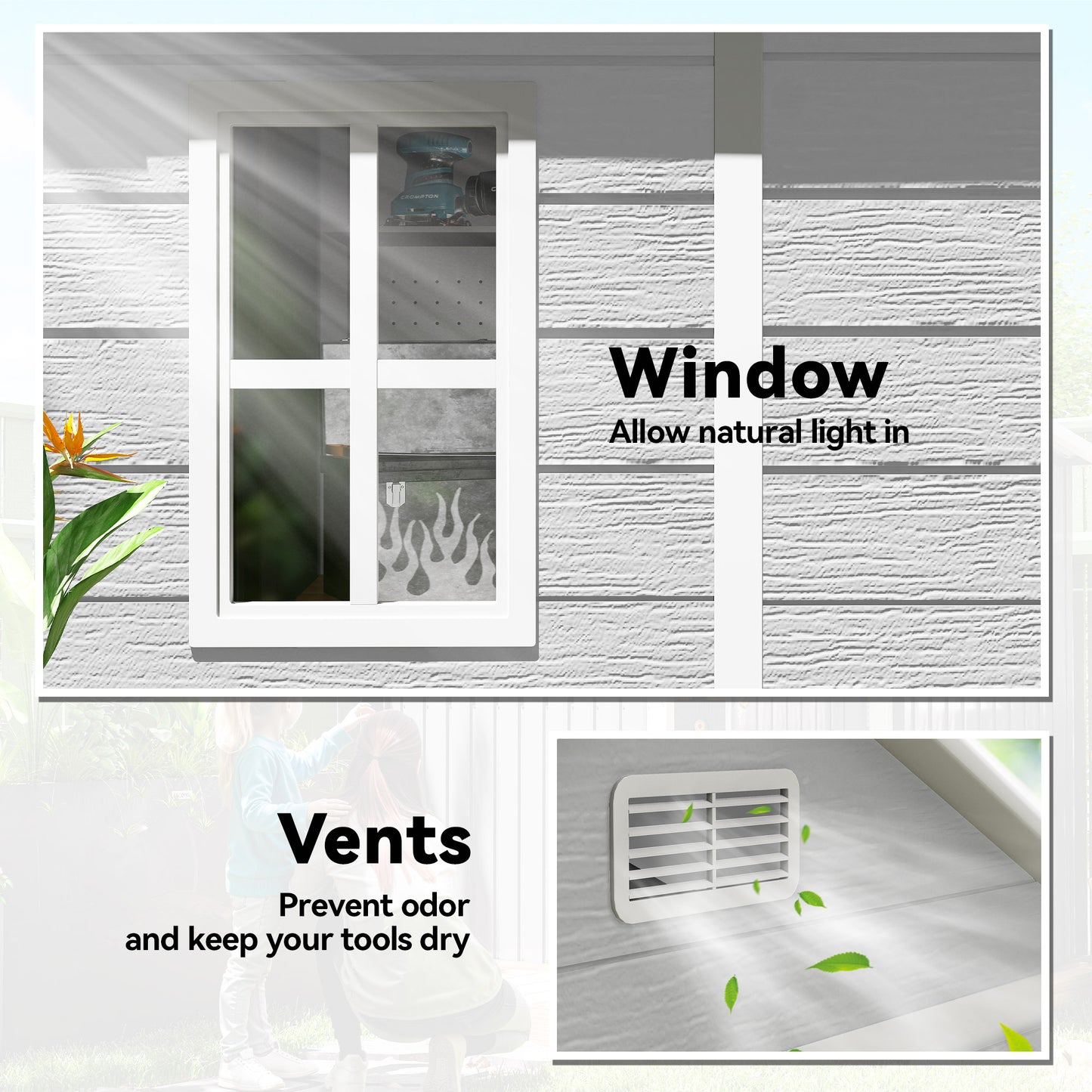 Outsunny 6 x 5ft Plastic Garden Shed With Floor Window Lockable Doors Vents Wood Effect Resin Tool Shed Light Grey