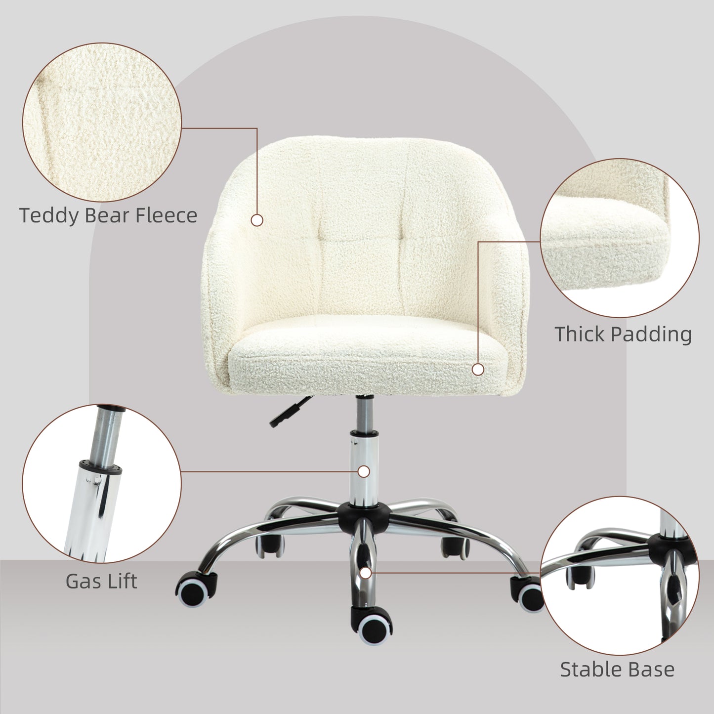 Vinsetto Cozy Cream White Fluffy Fabric Swivel Office Chair - Adjustable Makeup Vanity & Study Chair with Wheels