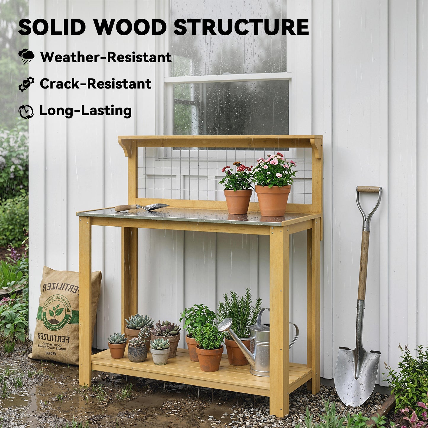 Outsunny Wooden Potting Bench Table With Aluminium Worktop Outdoor Garden Workbench Two Shelves