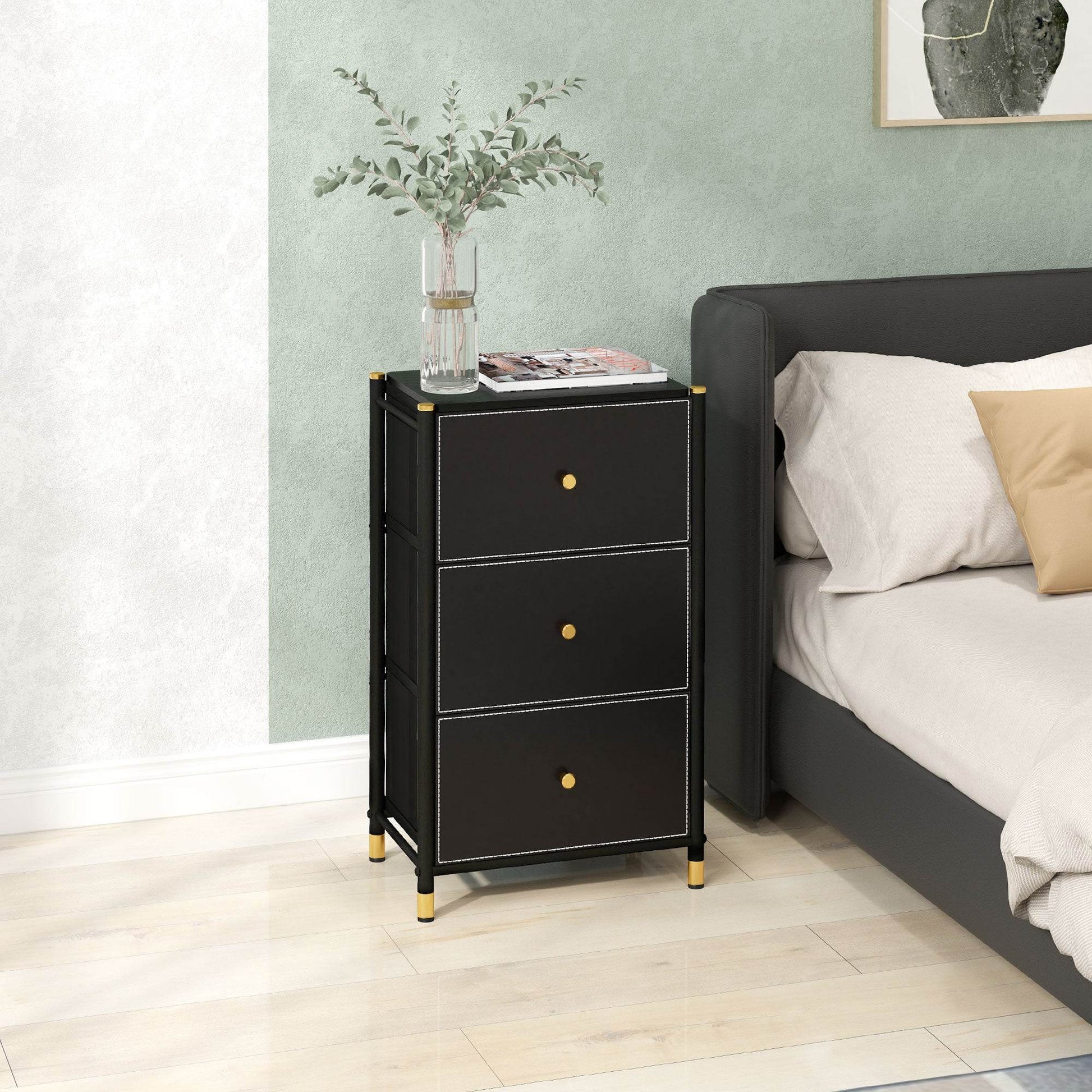 HOMCOM Sleek Black Faux Leather 3-Drawer Chest with Gold Accents - ALL4U RETAILER LTD