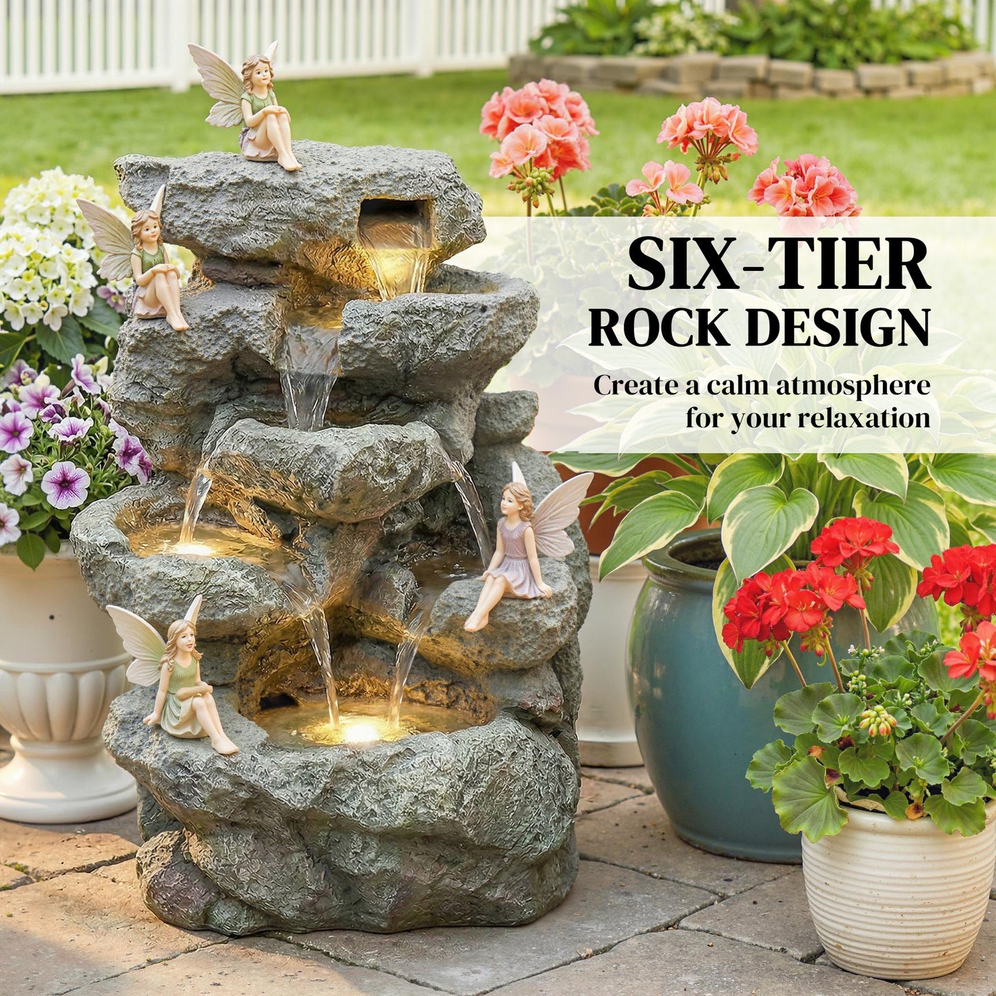Outsunny Outdoor Fountain With 6 Tier Rock Design Waterfall Feature LED Lights Resin Freestanding Garden Fountain Grey