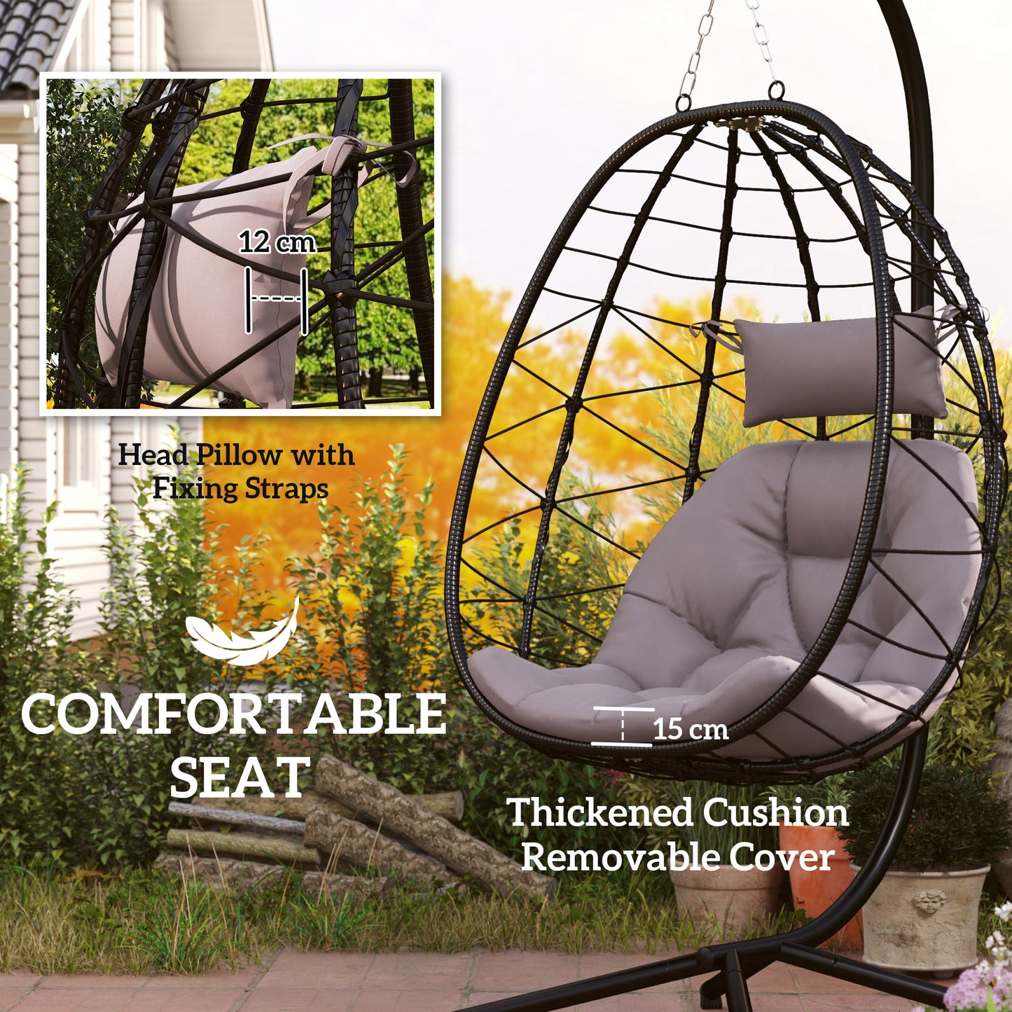 Outsunny Hanging Egg Chair Outdoor Indoor Garden Swing Chair With Folding Basket Thickened Cushion Headrest Stand Grey