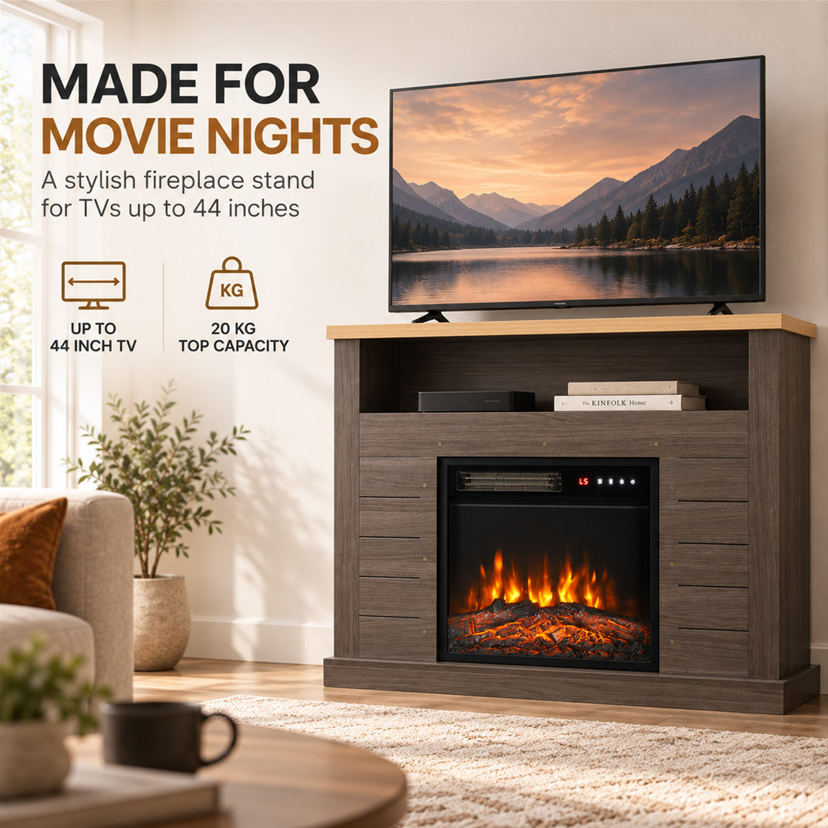 Gray electric fireplace TV stand with flat top and screen centered above the flame window