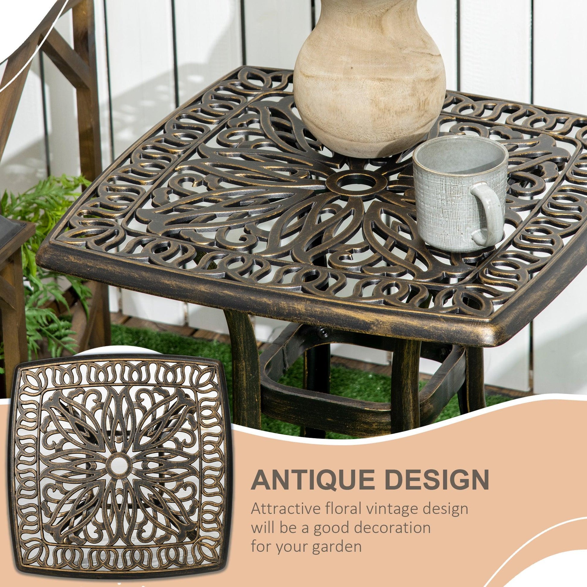 Outsunny Outdoor Patio Side Table with 38mm Dia. Umbrella Hole, Cast Aluminium Patio coffee Table, 54 x 54cm, Bronze - ALL4U RETAILER LTD