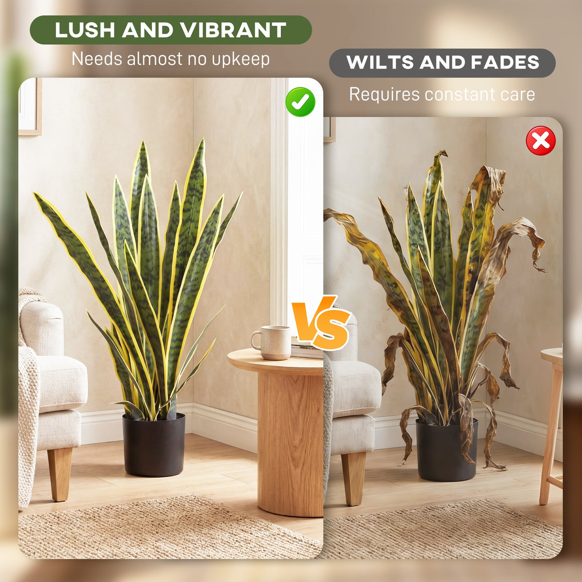 Artificial snake plant with tall variegated leaves in a black pot