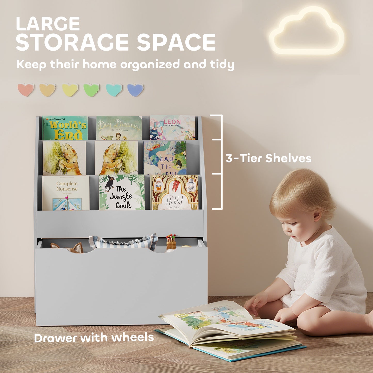 AIYAPLAY Kids Bookcase With Three Shelves And Drawer On Wheels In Grey For Bedroom And Playroom