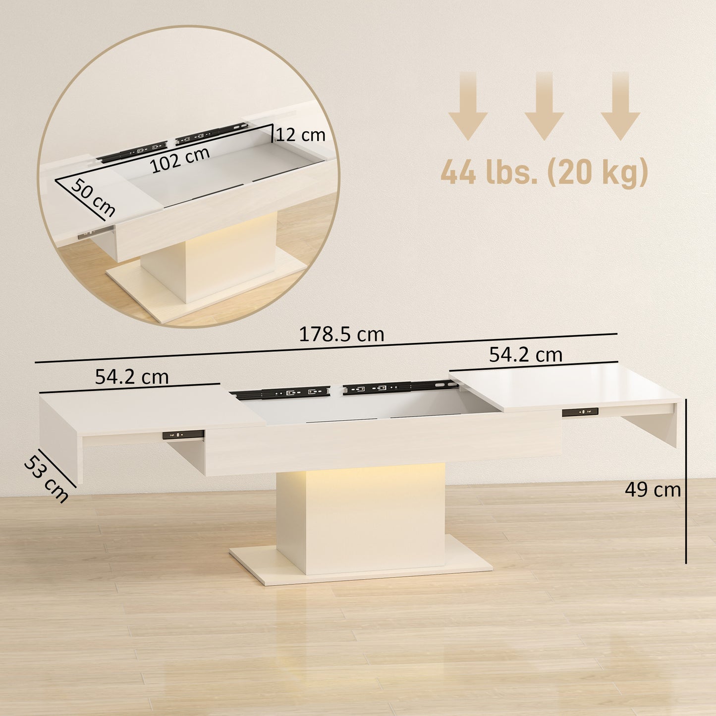 HOMCOM Extendable Coffee Table with LED Lights and Hidden Storage in High Gloss White