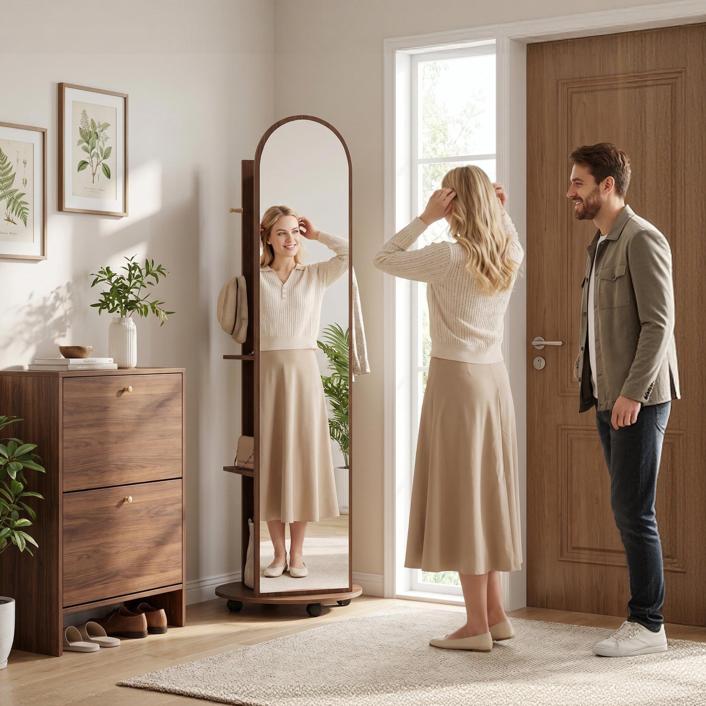 HOMCOM 2 In 1 Full Length Mirror With Storage Shelves Floor Mirror With 4 Wheels Coat Rack And Hooks Brown Wood Effect