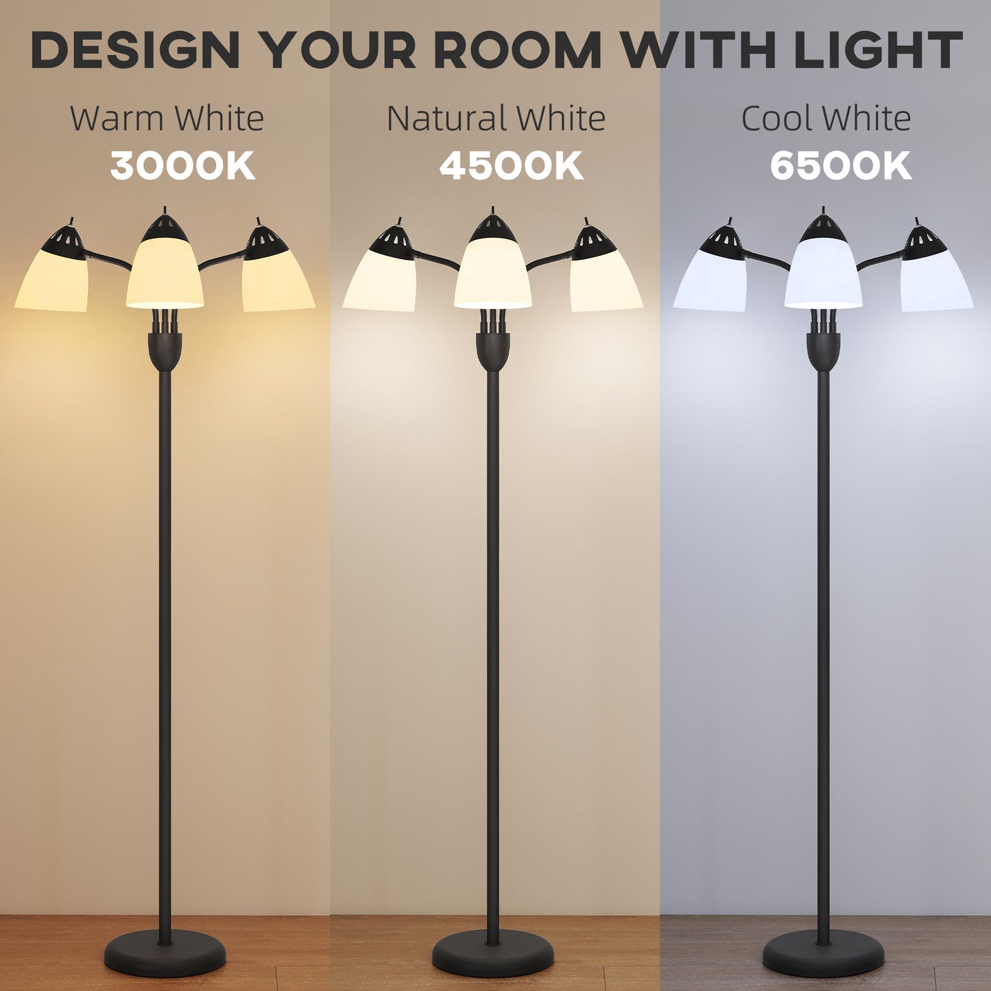 HOMCOM Arc Tree Floor Lamp With 3 Adjustable Lights And 3000K 4500K 6500K Color Temperatures 155cm Tall Black Steel Frame