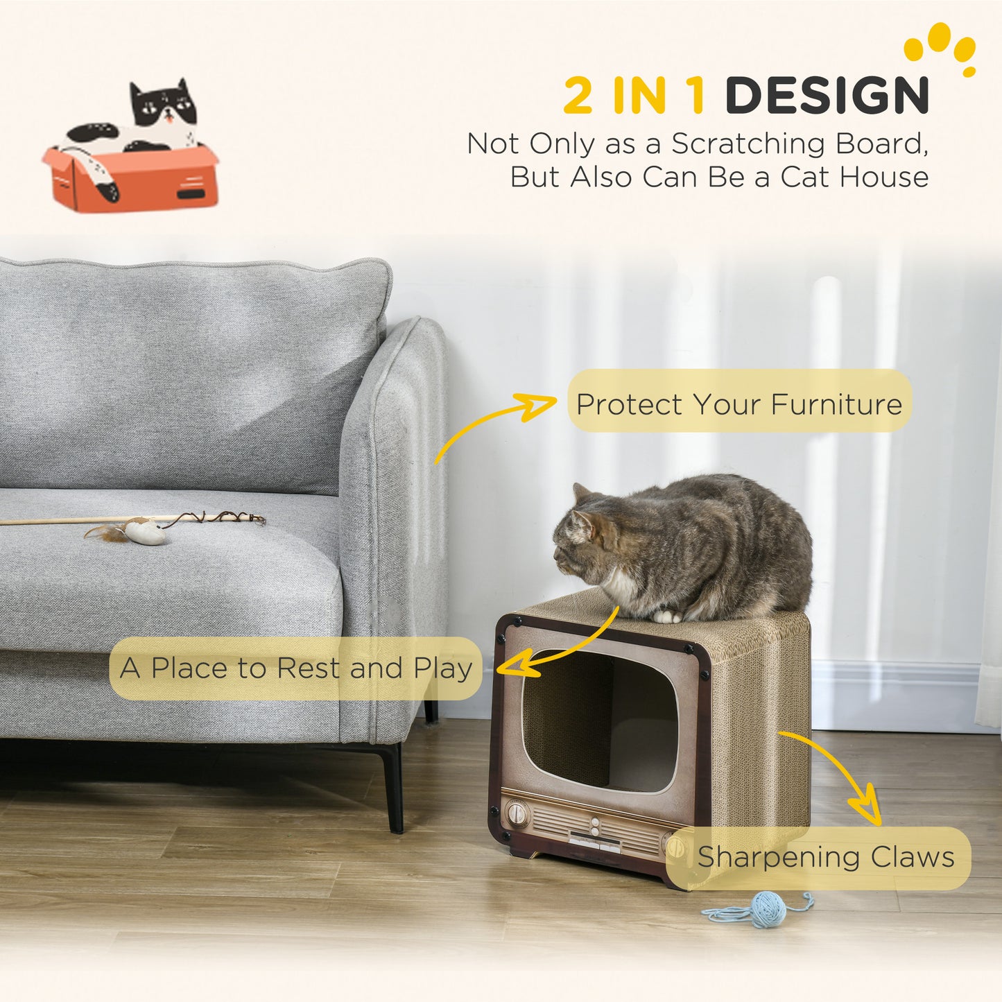 PawHut Vintage TV Cat Scratcher House with Catnip - 2 in 1 Design for Indoor Cats, Brown - ALL4U RETAILER LTD