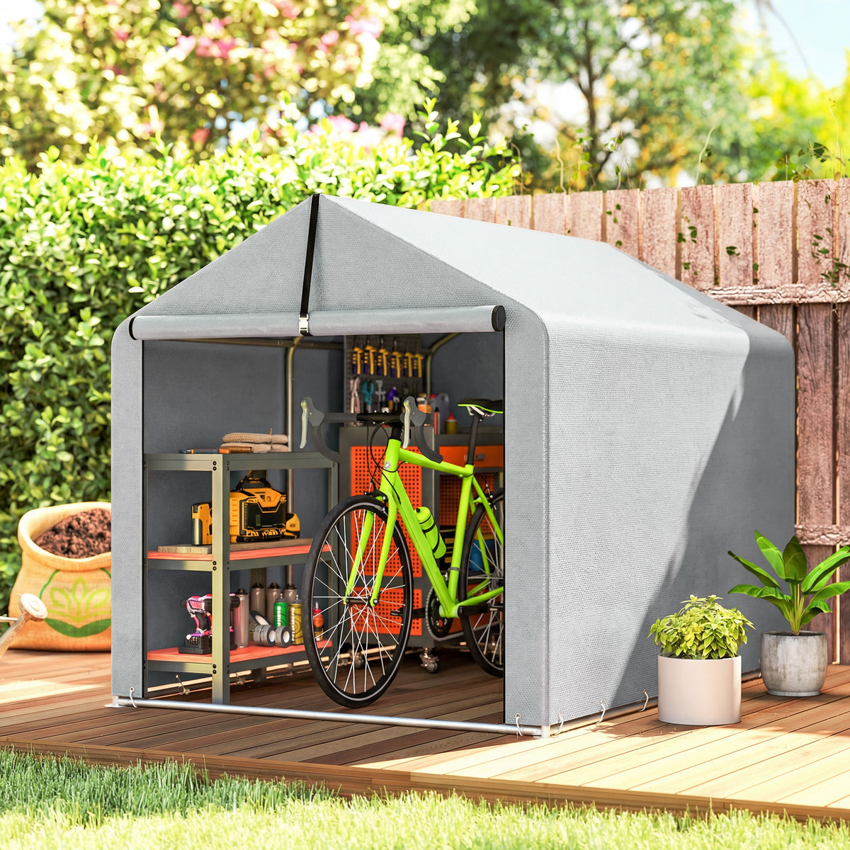 Waterproof garden shed with open zipper door and steel frame, gray fabric